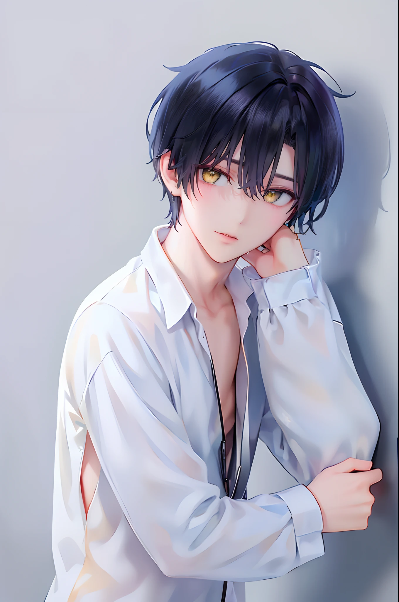 (4K works))、​masterpiece、(top-quality)、((Cool gray background))、Taking Artist Photos、Model photo、Korean Male、Adult male、((Adult 26 years old))、((Adult older brother))、((Face similar to Hyun Jin))、Cool Men、tall、((Troubled expression))、((Strong eyes))、((Fashion like a model))、((Long sleeve long trouser style))、((smaller face))、Slim body、((hooligan))、((Black short-haired))、((Yellow eyes))、((shot from front))、((Pose with hands on the head))、((Artist Photos))、((Shot alone))、((Solo Photography))、Professional Photos、((Focus zoom in))、((Upper body photography))、((Face enhancement))