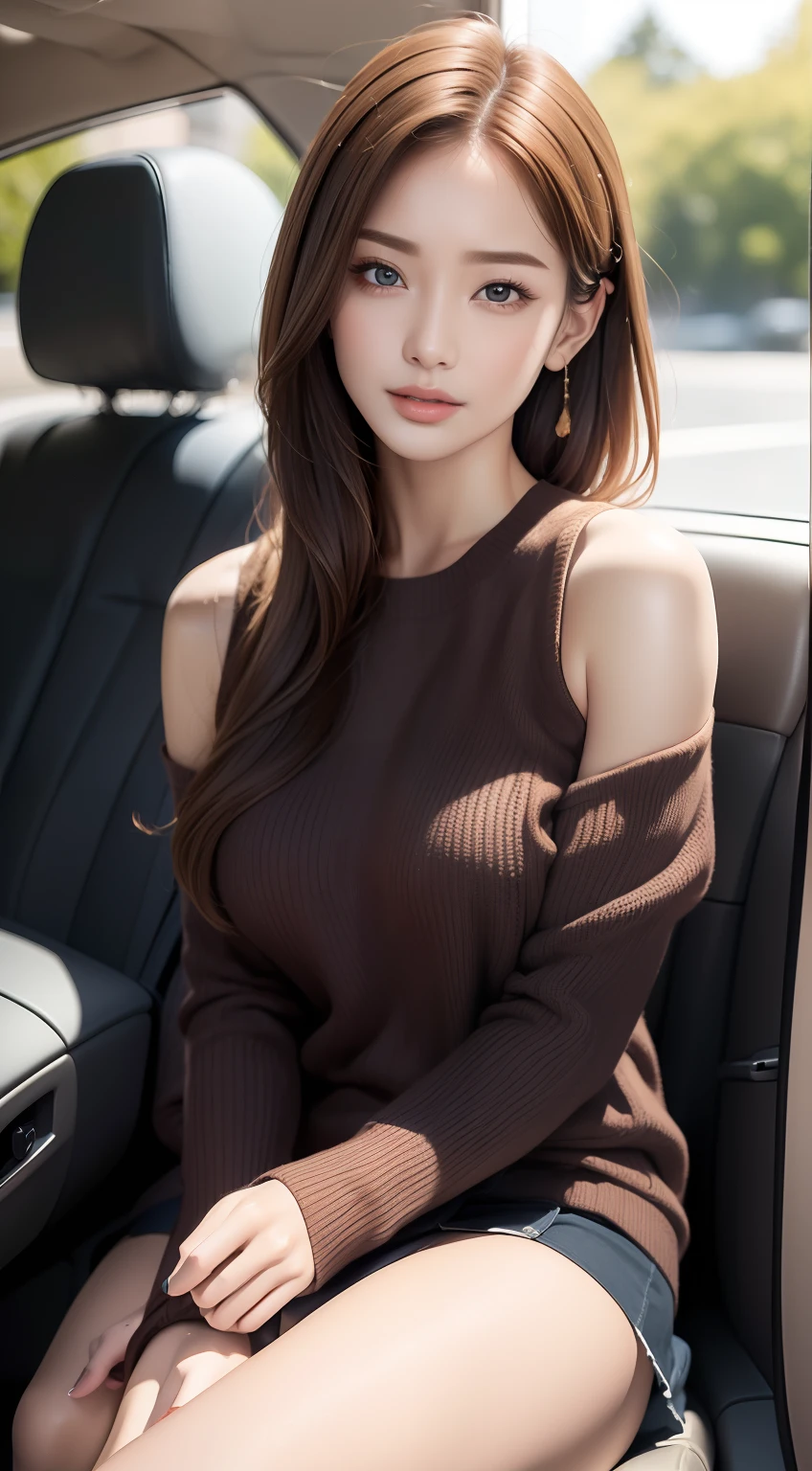 ((Best Quality, 8k, Masterpiece:1.3)), Focus:1.2, Perfect Body Beauty:1.4, Buttocks:1.2, ((Delicate Hair)), (Sweater Dress:1.1) , (Sports car, street: 1.2), Highly detailed face and skin texture, Detailed eyes, Double eyelids, whitening skin, Big breasts, smile, wearing necklaces, rings, people sitting in cars with their buttocks up,
