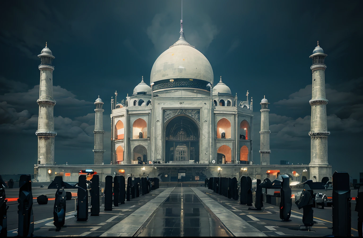 This building modified ,fighter jets flying in the sky , futuristic background, neon , black clouds , 8k ultra realistic picture