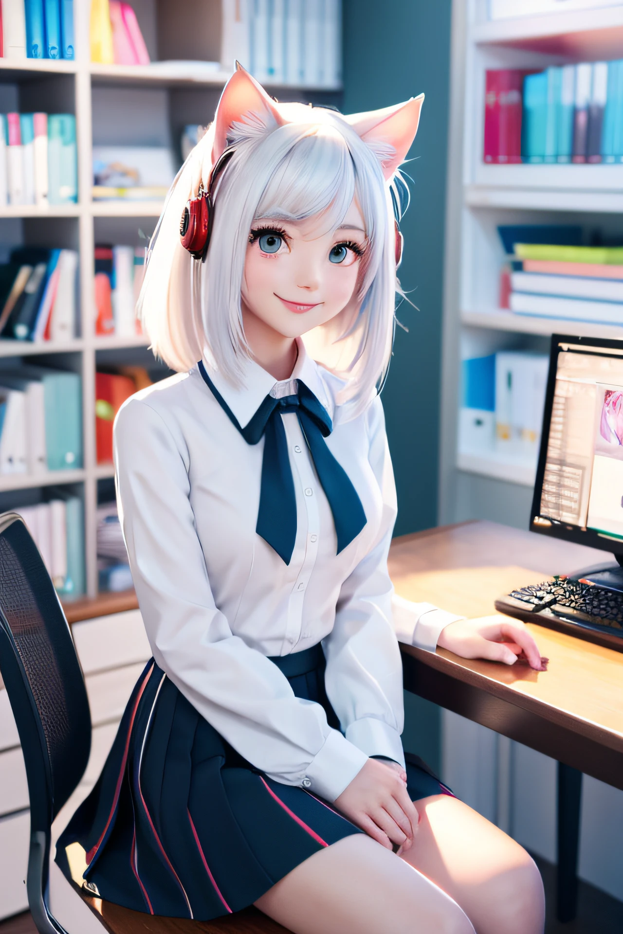 Colorful dresses with anime colorful hair ((Cat Ear 1 Girl)), School uniform pastel bright, rossdraws cartoon vivid, Anime Style 4k, Beautiful Anime Portrait, artgerm colorful!!!、! Dream Art Germ, Beautiful anime, Cat ears 1 female, digital art in anime style, anime art wallpaper 4k, anime art wallpaper 4k, digital anime art, extremely detailed art germ, School uniform, Full body, Sitting in her office, White hair, Front view, smirking,