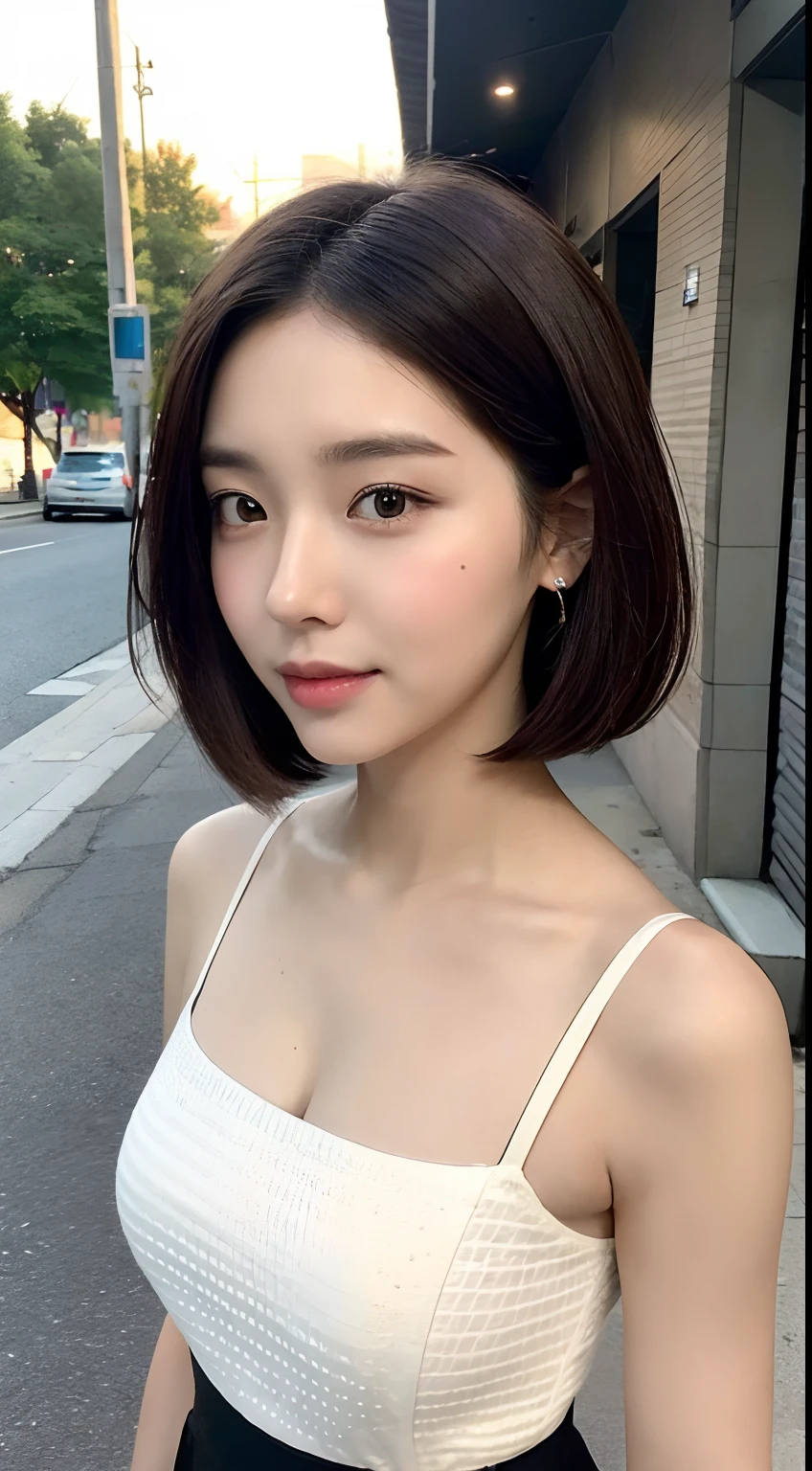 （（best qualtiy，8K，tmasterpiece：1.3）），Perfect beauty：1.4，glute：1.2，（Layered Hair Style：1.2）），（the street：1.3），Highly Detailed Face and Skin Textur，full bodyesbian，Elaborate Eyes，二重まぶた，Whitens the skin，Short wave hair，Cute Korean beauty（with a round face：1.5），（Black top，short  skirt：1.6）ssmile