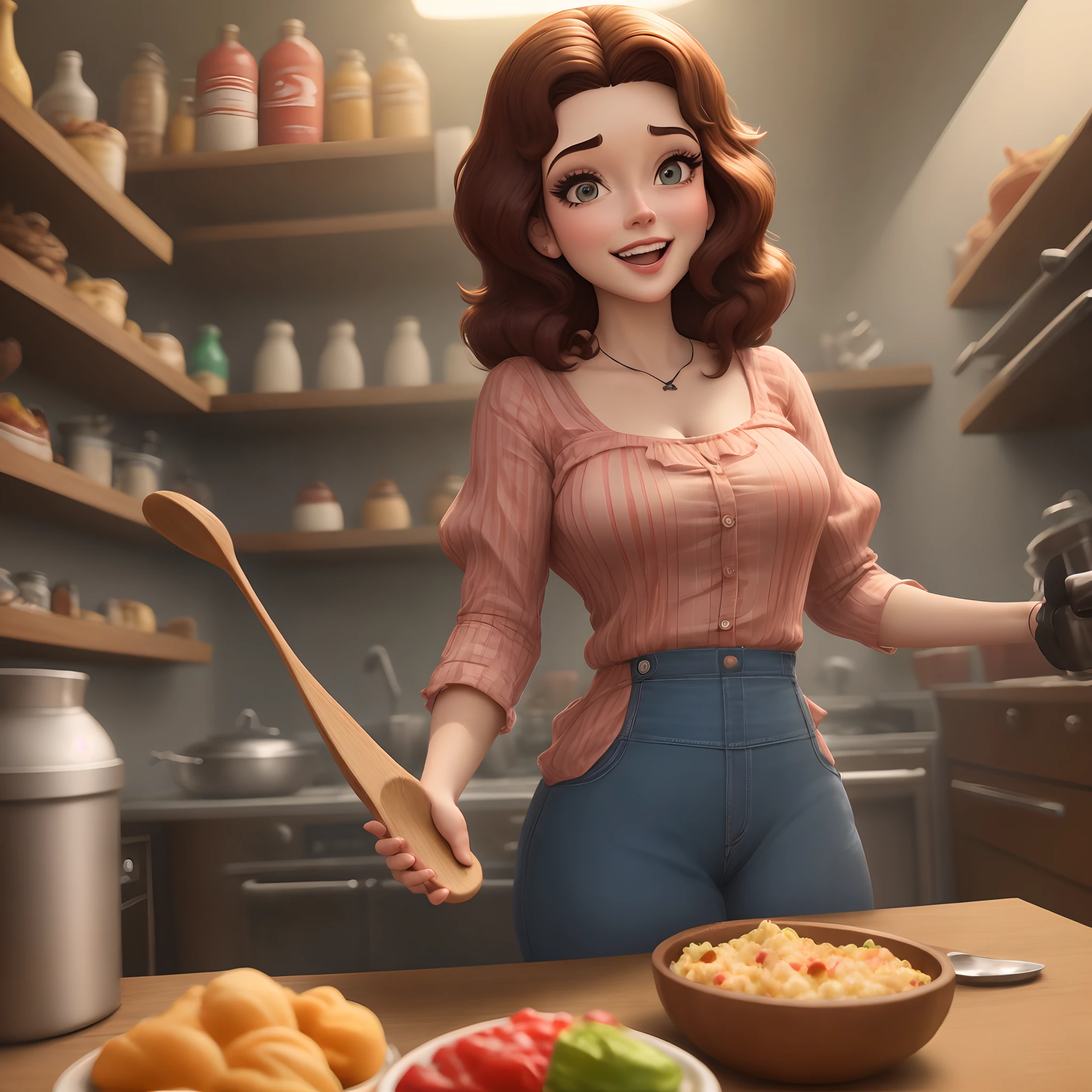 Mulher gordinha de cabelo cacheado longo segurando o poderoso chefinho Disney pixar