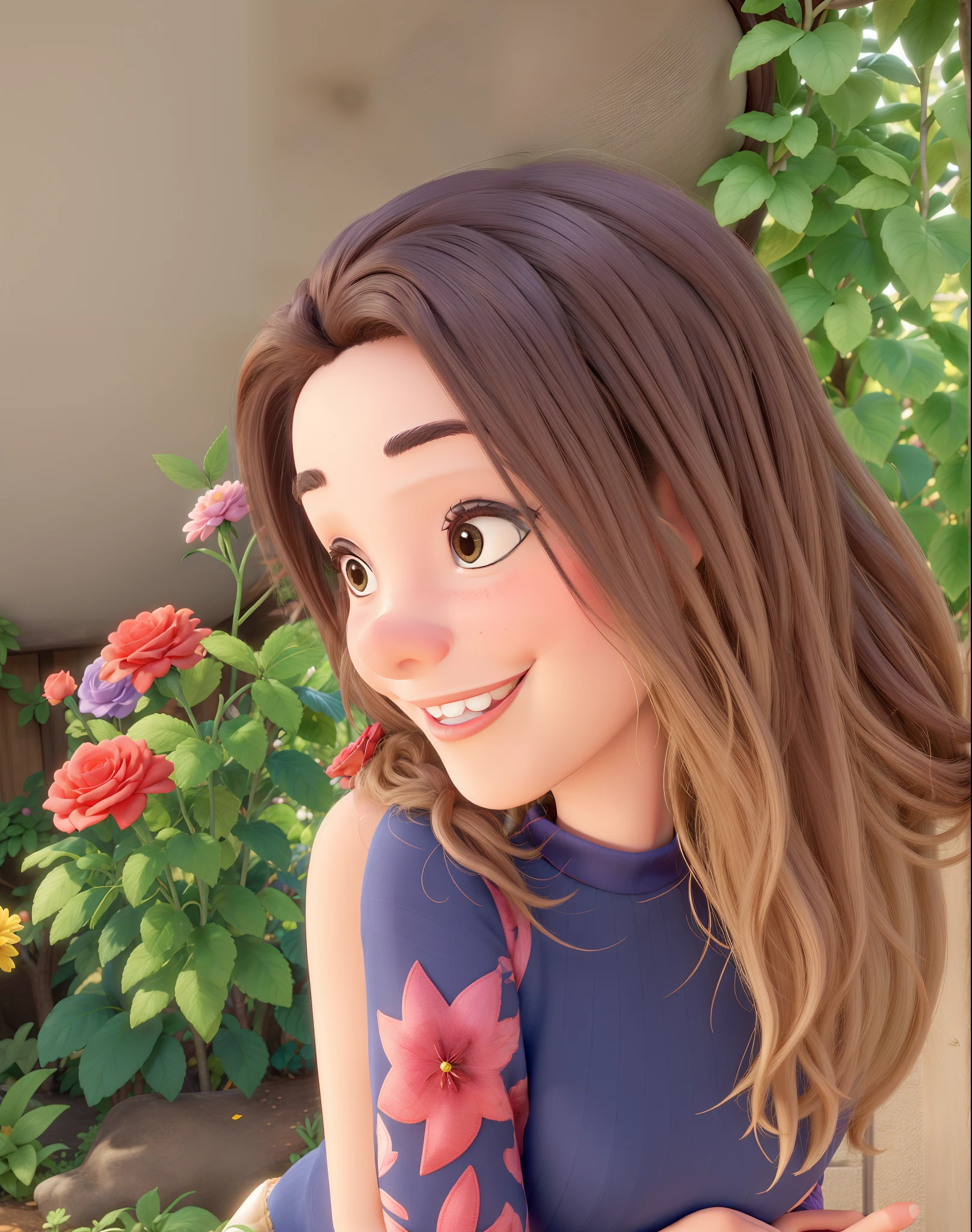 no estilo disney pixar, uma mulher branca, de cabelo liso e castanho, vestindo uma regata preta, em um jardim com rosas vermelhas, melhor qualidade