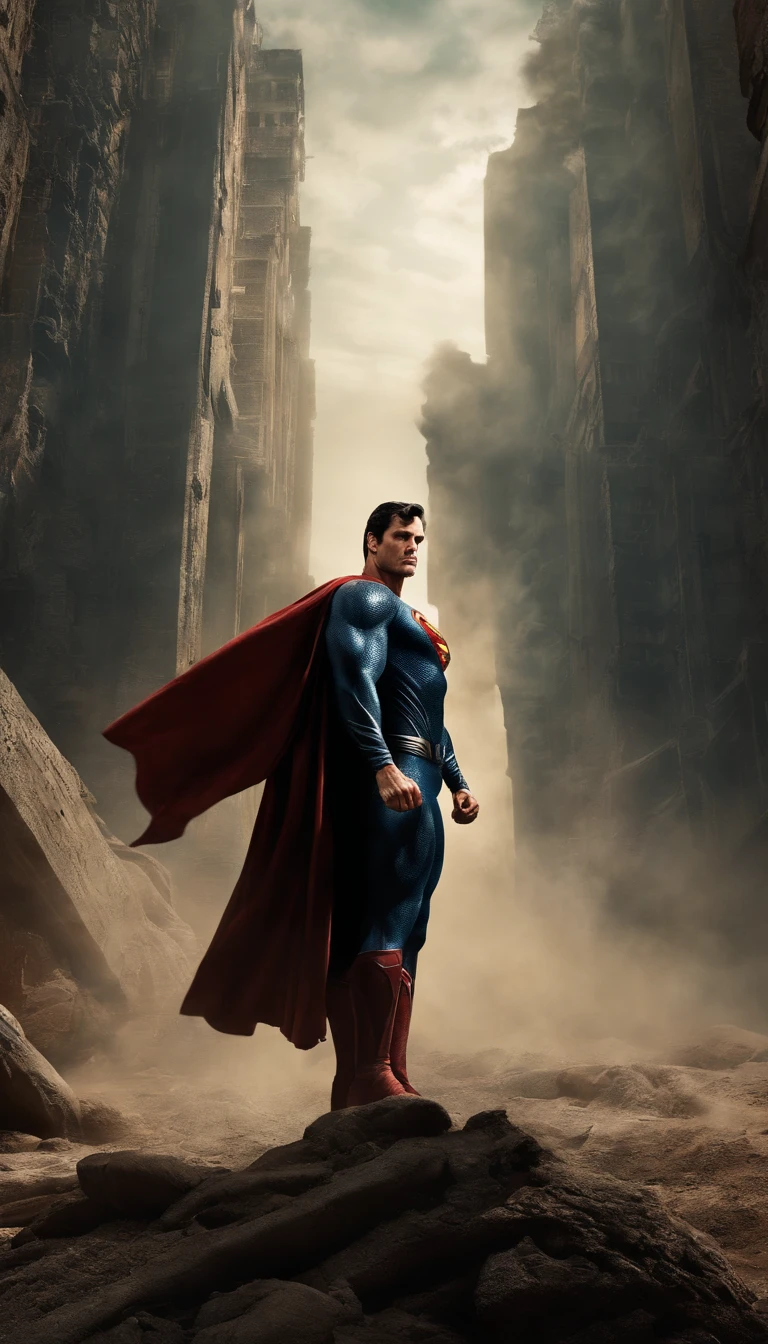The image shows Superman in full body in a post-apocalyptic setting.
Superman is on his feet, em uma pose imponente, with clenched fists and a serious expression on his face.
He's wearing a worn-out, dirty costume, with tears and stains, indicando as batalhas que enfrentou.
Her skin is leathery, rough and scarred, mostrando os efeitos do ambiente hostil em que vivia.
Your eyes are tired and worn out, revealing the wisdom and experience accumulated over time.
The setting is a burning desert, com tempestades de poeira e um sol escaldante criando uma atmosfera opressora.
The colors are intense, com tons quentes e saturados, destacando o contraste entre o Superman e o meio ambiente.
The image is captured in high resolution (8k UHD) with a Fujifilm XT3 DSLR camera.
The lighting is soft, criando sombras e realces sutis, adding depth to the image.
The image has a cinematic quality and light film grain, Adding texture and a nostalgic feel.
