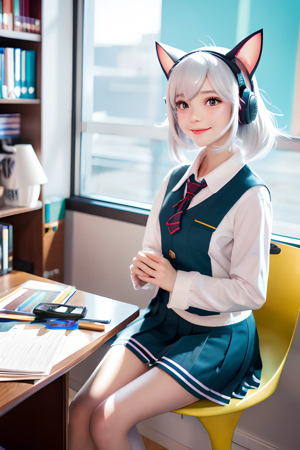 Colorful dresses with anime colorful hair ((Cat Ear 1 Girl)), School uniform pastel bright, rossdraws cartoon vivid, Anime Style 4k, Beautiful Anime Portrait, artgerm colorful!!!、! Dream Art Germ, Beautiful anime, Cat ears 1 female, digital art in anime style, anime art wallpaper 4k, anime art wallpaper 4k, digital anime art, extremely detailed art germ, School uniform, Full body, Sitting in her office, White hair, Front view, smirking,