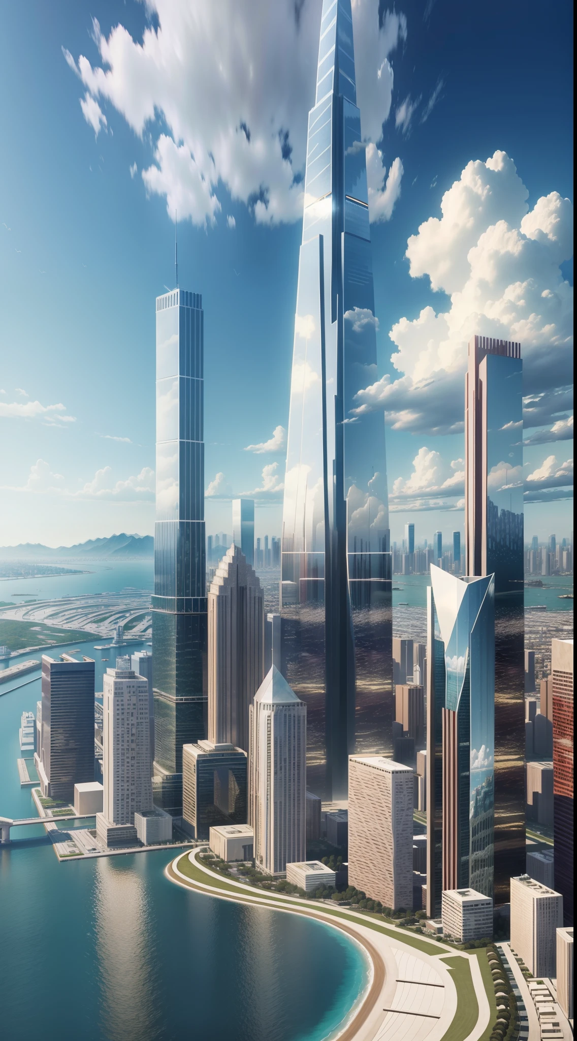 (masterpiece,8k resolution), city, daytime, tall skyscrapers, near ocean, mountains, very beautiful, very tall buildings, UHD