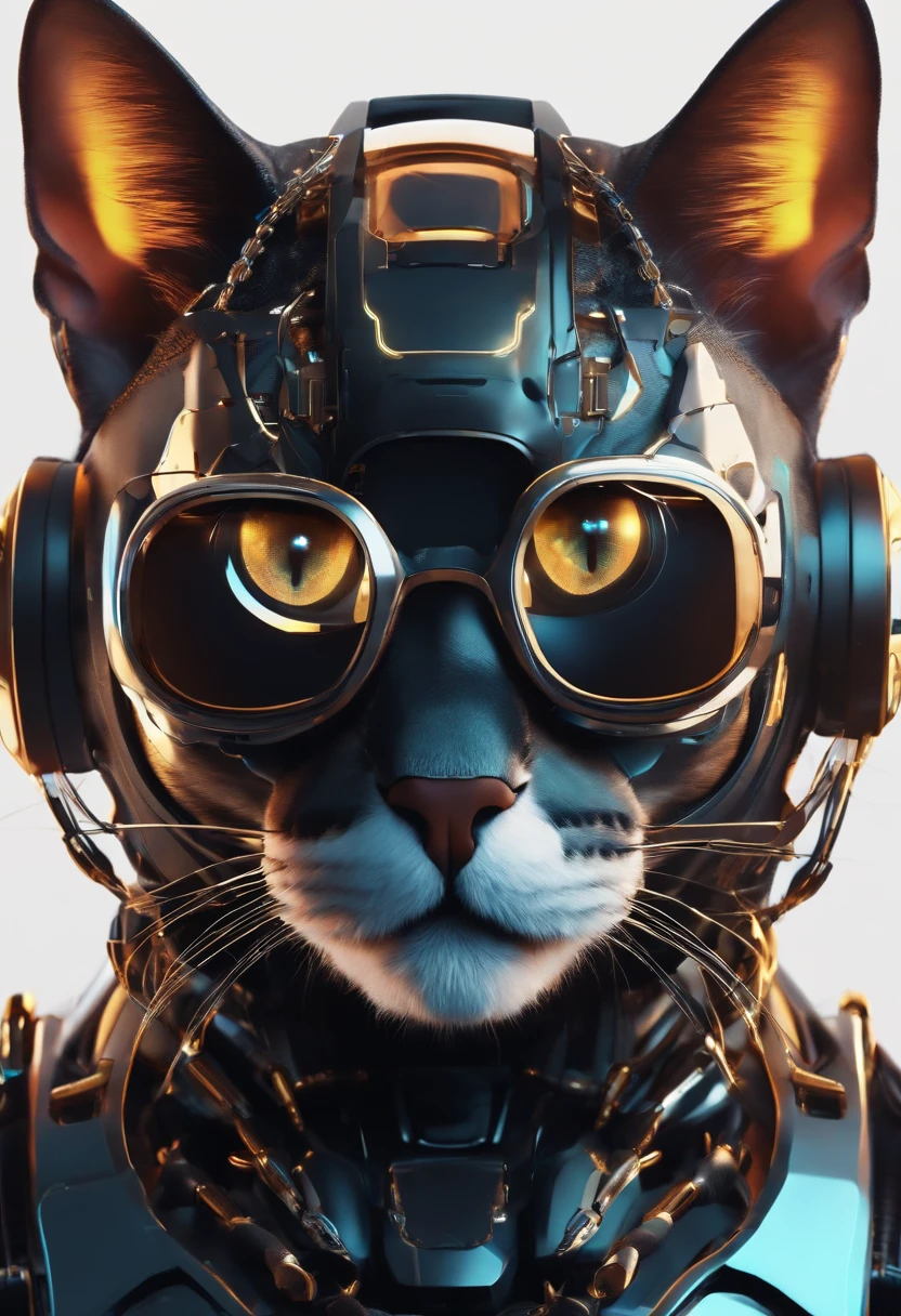 a robot-cat is wearing a black VR glasses on its eyes, cyberpunk, dazzling light, future background, high quality, super details, 8K --ar 3:4 --s 180 --style expressive