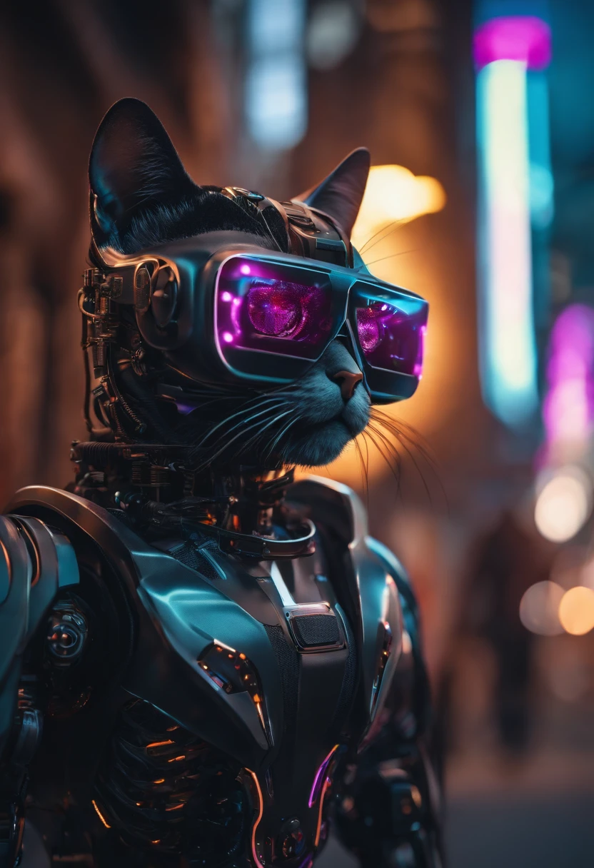a robot-cat is wearing a black VR glasses on its eyes, cyberpunk, dazzling light, future background, high quality, super details, 8K --ar 3:4 --s 180 --style expressive