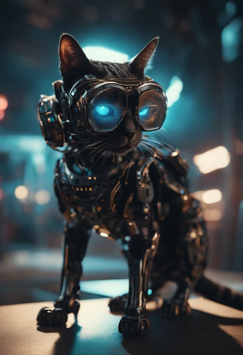 a robot-cat is wearing a black VR glasses on its eyes, cyberpunk, dazzling light, future background, high quality, super details, 8K --ar 3:4 --s 180 --style expressive