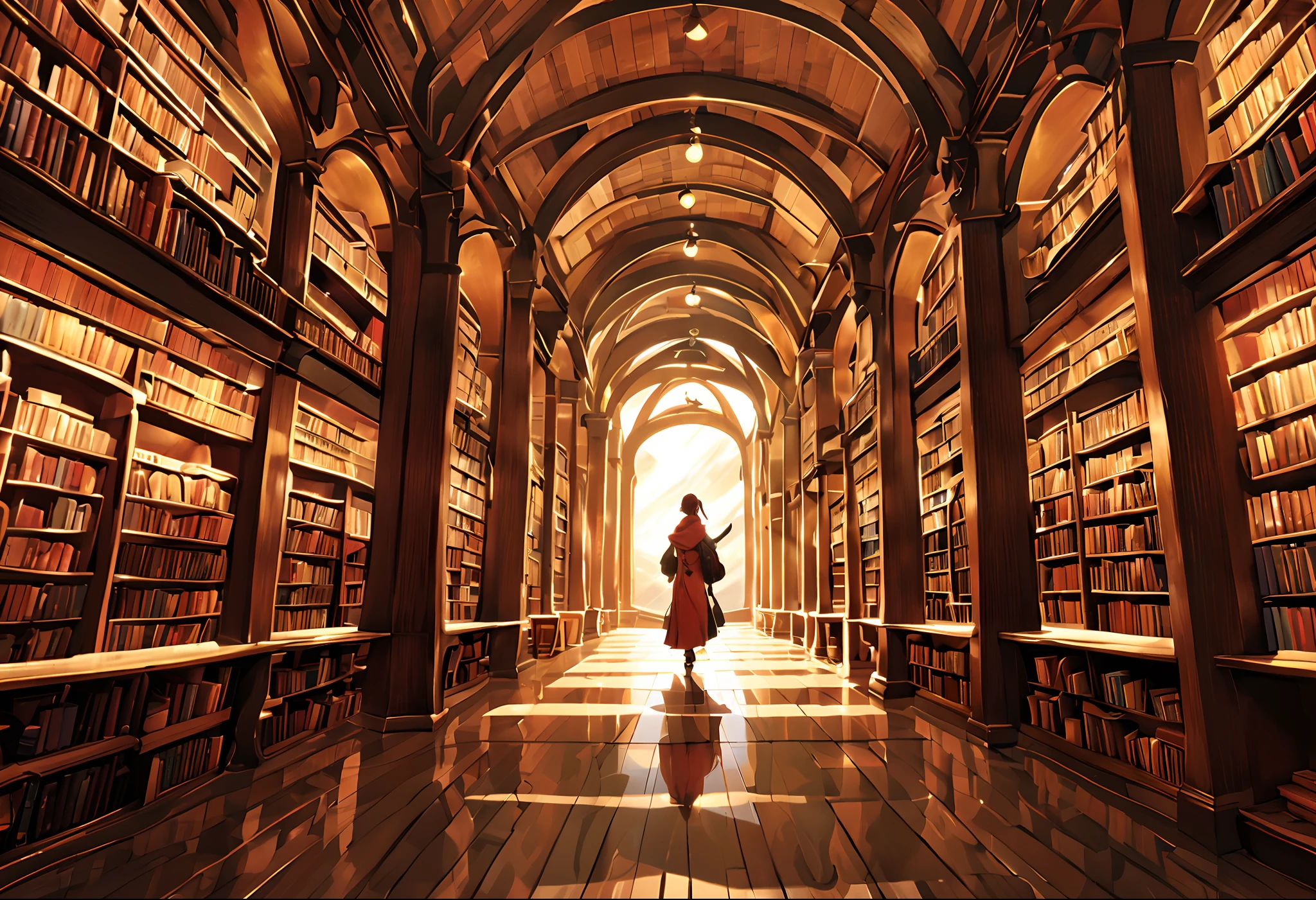 a picture taken from the inside of a magic infinite endless exotic library, giant library background, endless books, anime background art, dusty library, books cave, background = library, alchemist library background, library of babel, books all over the place, in a exotic magical endless library, filled with books, library of ruina concept art, a lot of turns and ways, ((The library has a main path, with occasional crossroads branching off to the left and right)), japanese fantasy library full of books art, exotic, sunlight rays shining from left, cinematic camera angle, low camera position, depth of feild, cosy, asthetic, no humans in scene, endless library, fantasy medevial, exotic books, ((giant library with very long halway, the hallway has no visible ending), (highest quality), cinematic camera angle, expressive lighting, mountains afar, cinematic anime image, In style of Sam Yang, anime, digital art, cinematic, cinematic lighting, highres, 8k