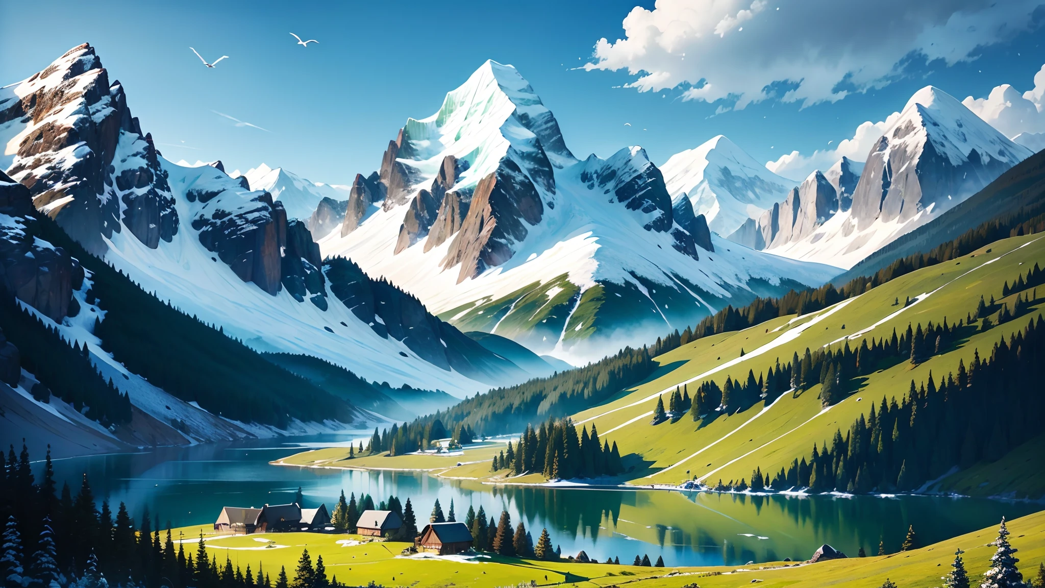a peaceful mountain scene)), oil painting, clear blue sky, snow-capped peaks, lush green meadows, sparkling lakes, peaceful atmosphere, serene and calm, birds flying in the distance, warm sunlight, quiet and tranquil, majestic and awe-inspiring, picturesque landscape, crisp and fresh air, remote and secluded.