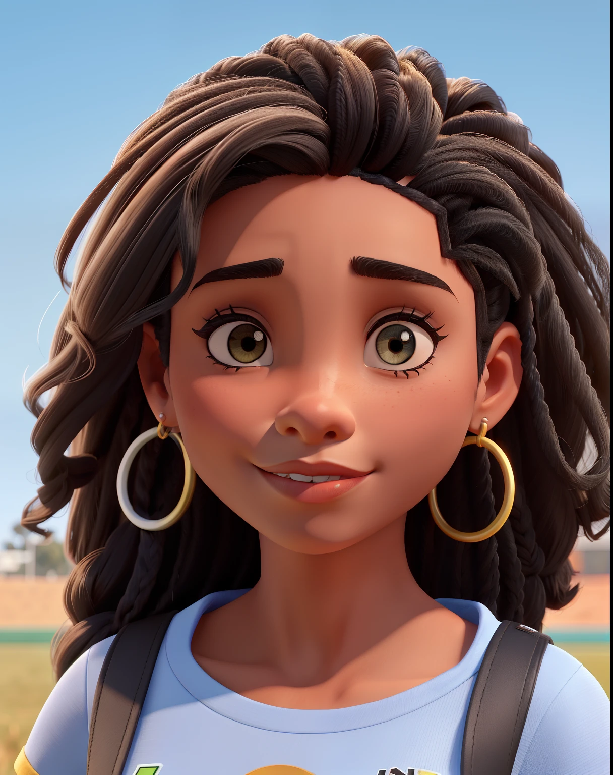 Um mulher negra olhos, cor mel, alta, labios volumosos, cabelo longo com franja, com fundo de campo de futebol