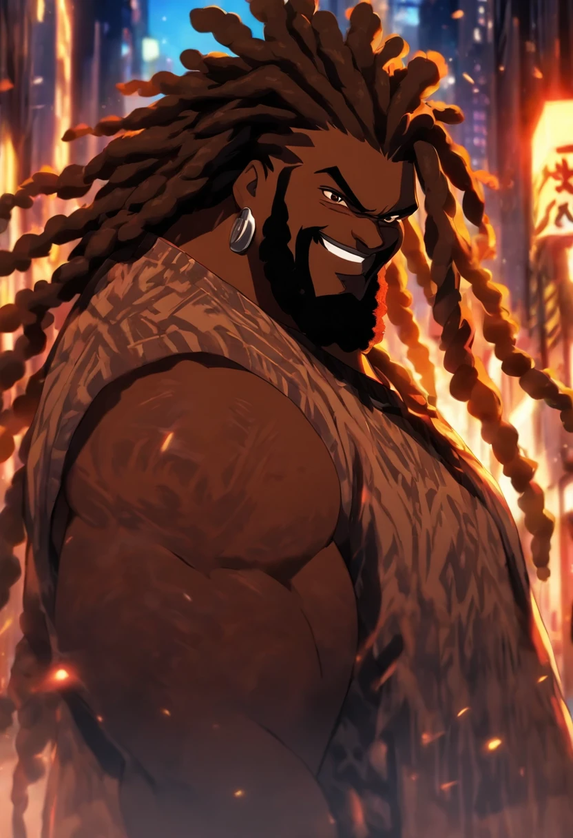 chubby black man, black man, standing in city, long dread locs, brown eyes, happy grin, wearing black, fluffy beard, brown shining eyes, very dark black skin, fat man,