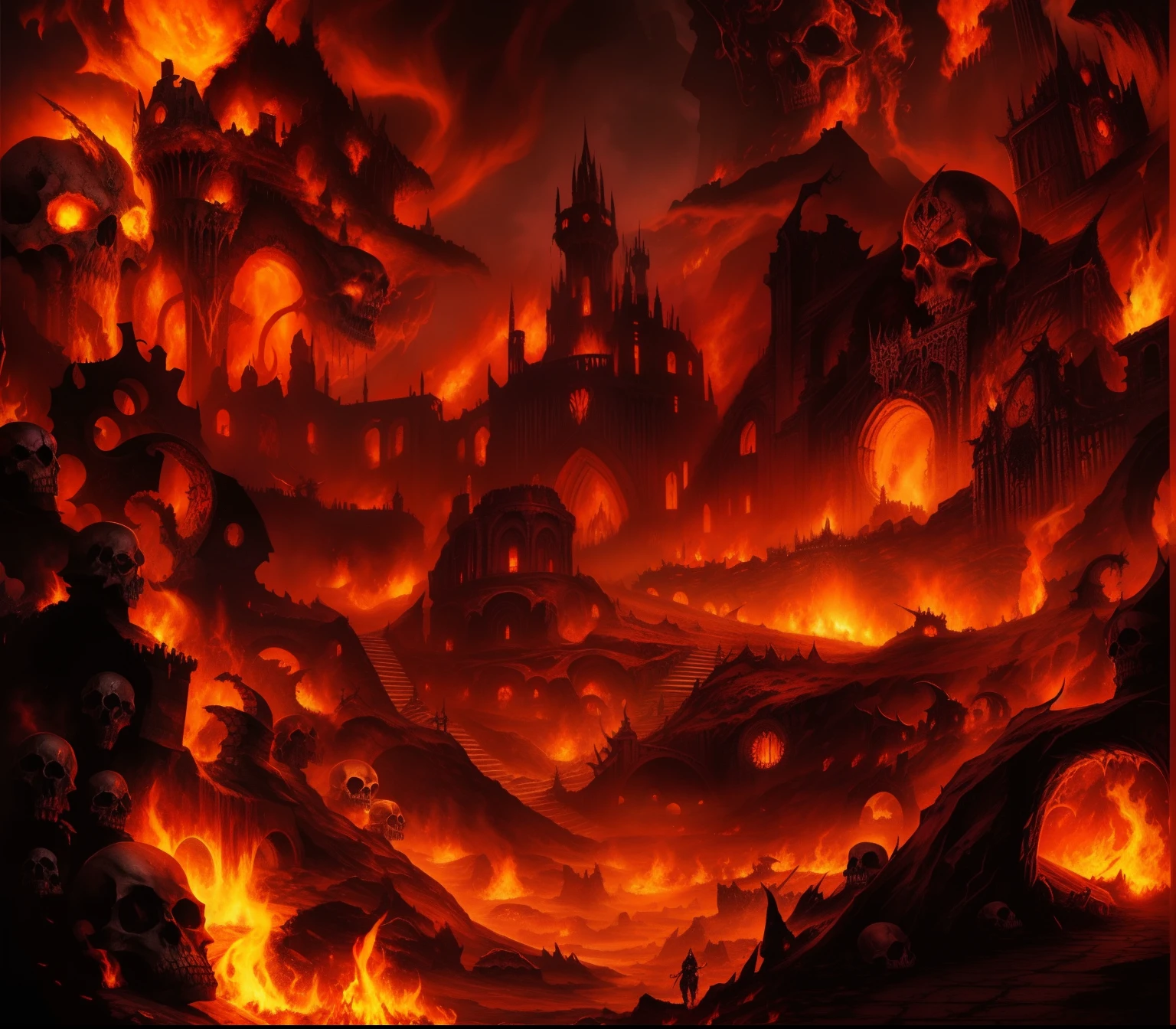arafed image of a castle surrounded by skulls and flames, hell scape, detailed cover artwork, ruins of hell, hell background, infernal art in good quality, the final battle in hell, heavy metal artwork, landscape of apocalypse city, dark fantasy artwork, hellish landscape, death metal album cover, fantasy apocalypse, apocalypse art, gates of hell