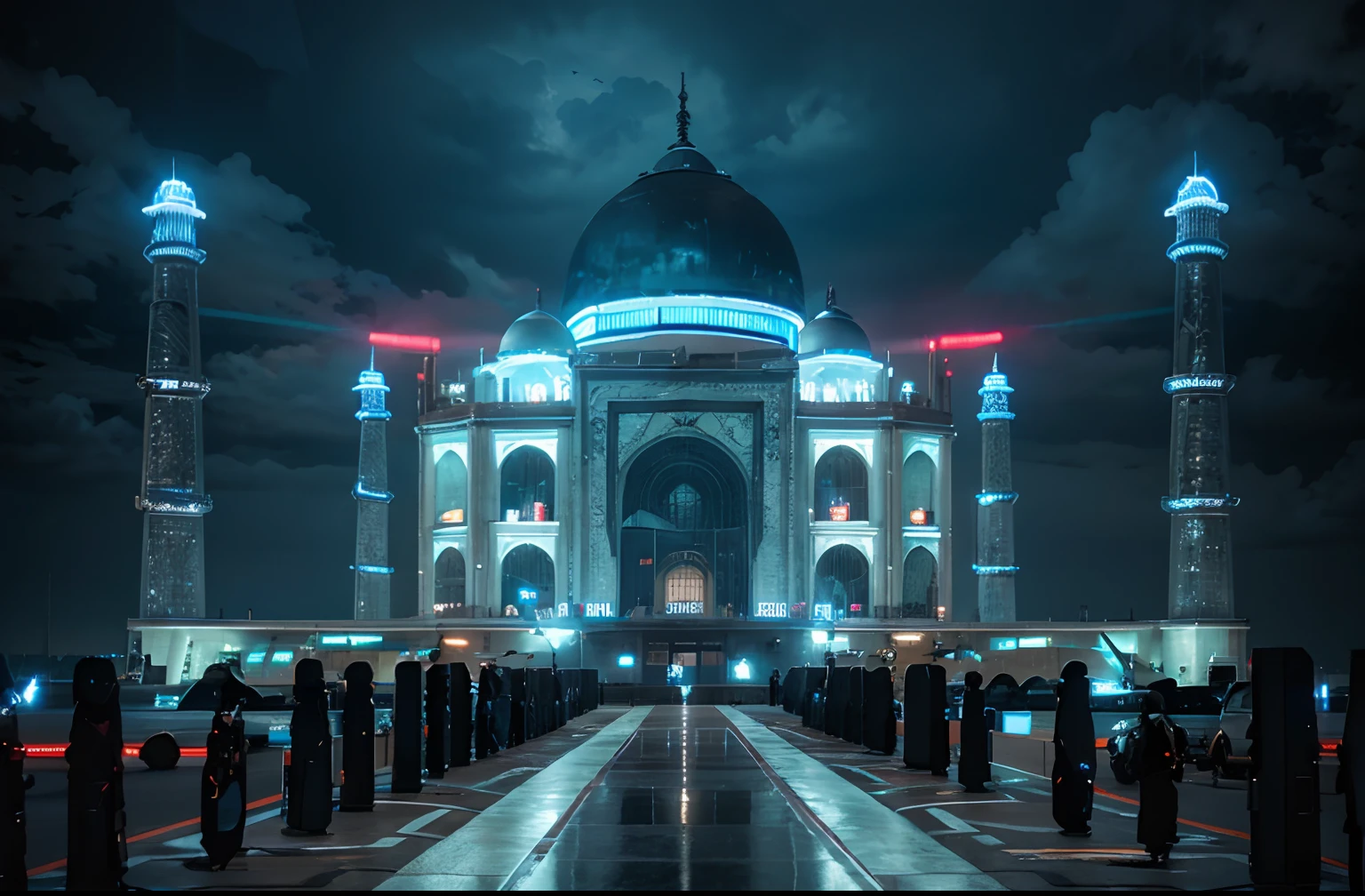 This building modified ,fighter jets flying in the sky , futuristic background, neon , black clouds , 8k ultra realistic picture