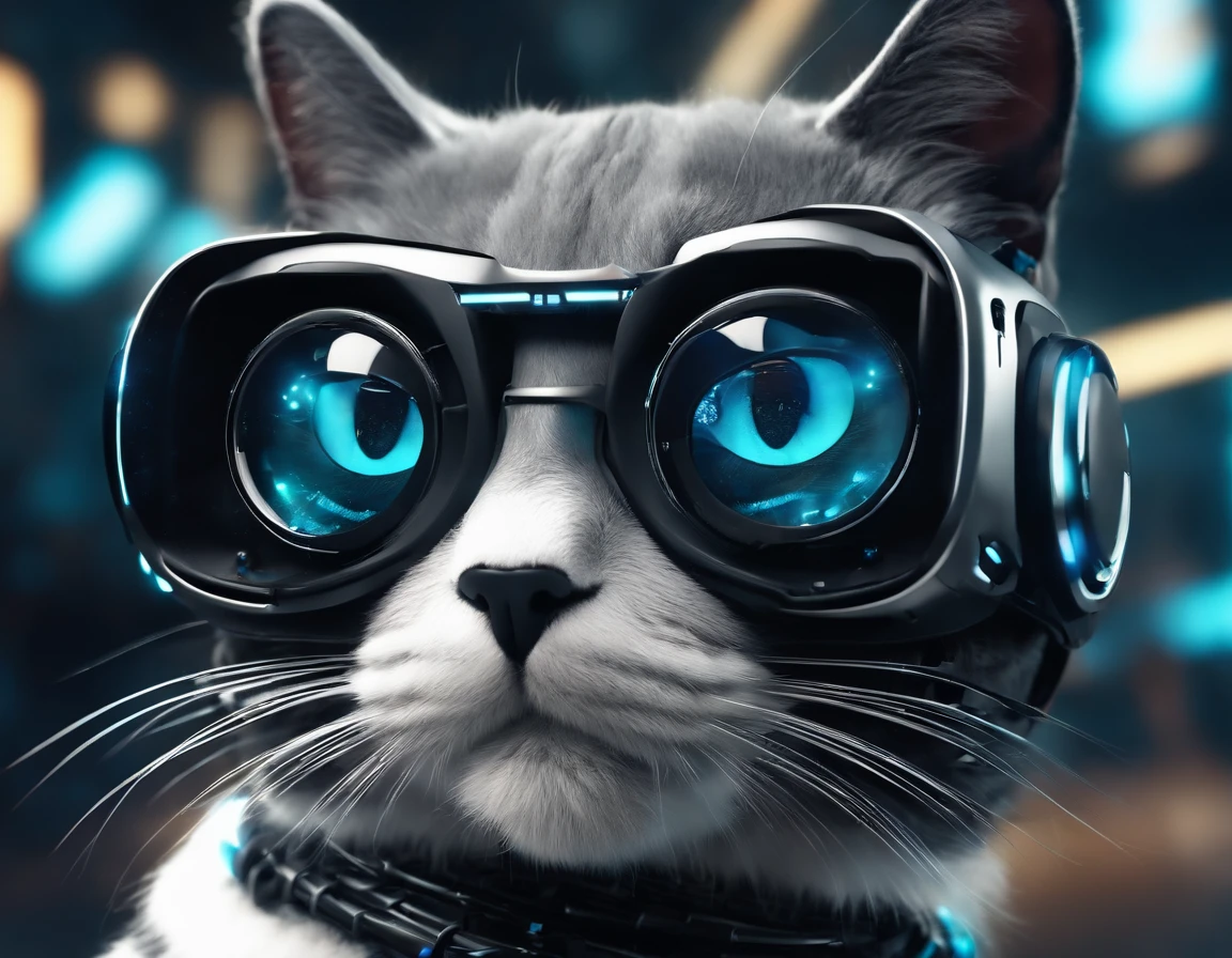 a robot-cat is wearing a black VR glasses on its eyes, cyberpunk, dazzling light, future background, high quality, super details, 8K --ar 3:4 --s 180 --style expressive