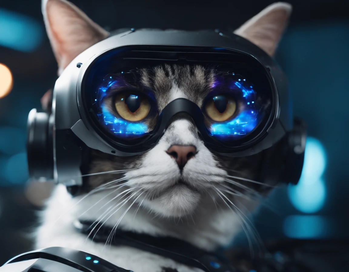 a robot-cat is wearing a black VR glasses on its eyes, cyberpunk, dazzling light, future background, high quality, super details, 8K --ar 3:4 --s 180 --style expressive