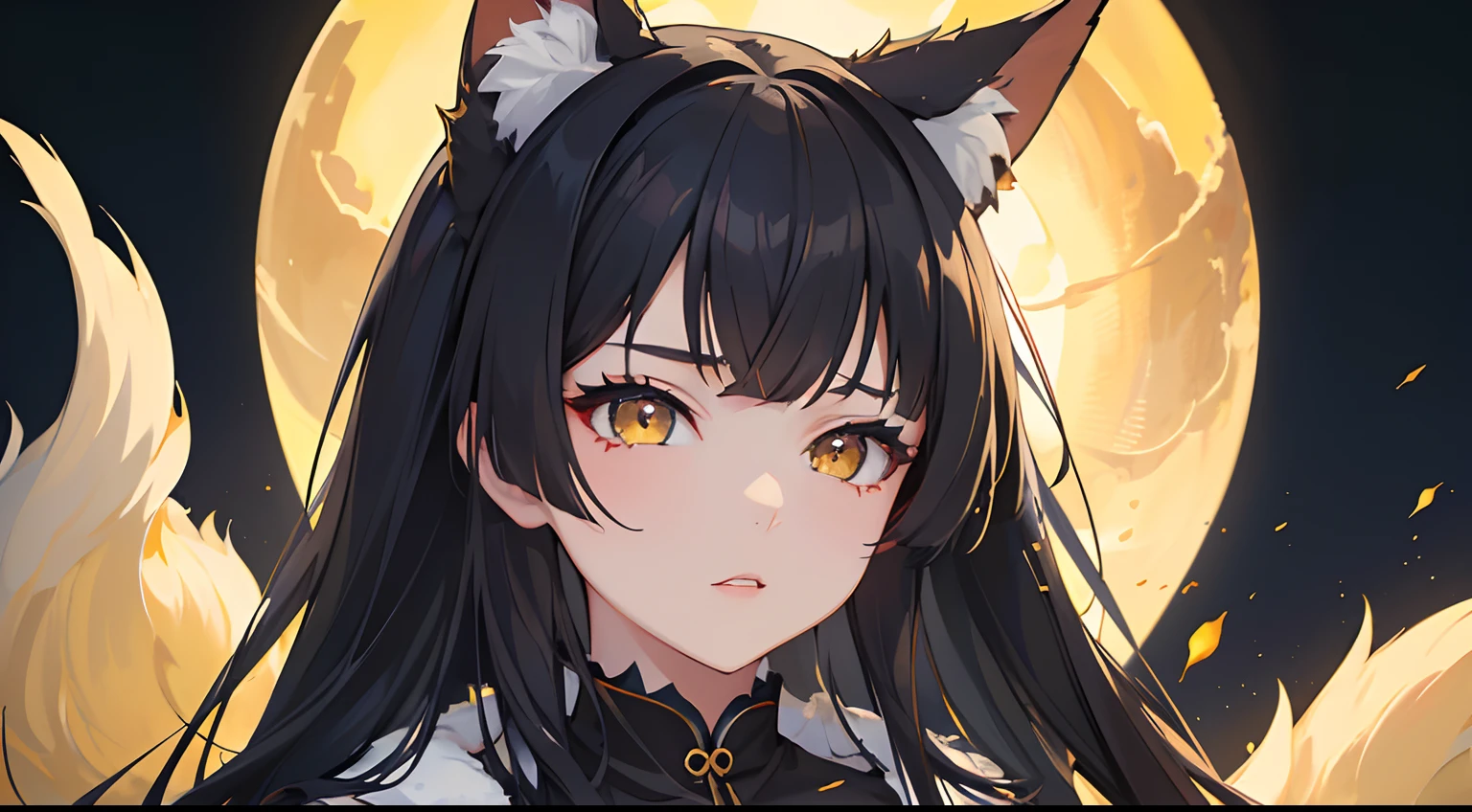 masterpiece, best quality, 1girl, black hair, yellow eyes, kitsune, night tailed fox, night festival, detailed eyes, detailed facial features, high resolution (best quality, 4k, 8k, highres, masterpiece:1.2)