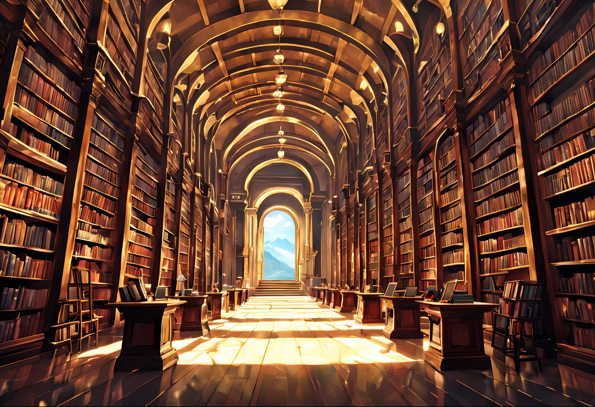 a picture taken from the inside of a magic infinite endless exotic library, giant library background, endless books, anime background art, dusty library, books cave, background = library, alchemist library background, library of babel, books all over the place, in a exotic magical endless library, filled with books, library of ruina concept art, a lot of turns and ways, ((The library has a main path, with occasional crossroads branching off to the left and right)), japanese fantasy library full of books art, exotic, sunlight rays shining from left, cinematic camera angle, low camera position, depth of feild, cosy, asthetic, no humans in scene, endless library, fantasy medevial, exotic books, ((giant library with very long halway, the hallway has no visible ending), (highest quality), cinematic camera angle, expressive lighting, mountains afar, cinematic anime image, In style of Sam Yang, anime, digital art, cinematic, cinematic lighting, highres, 8k