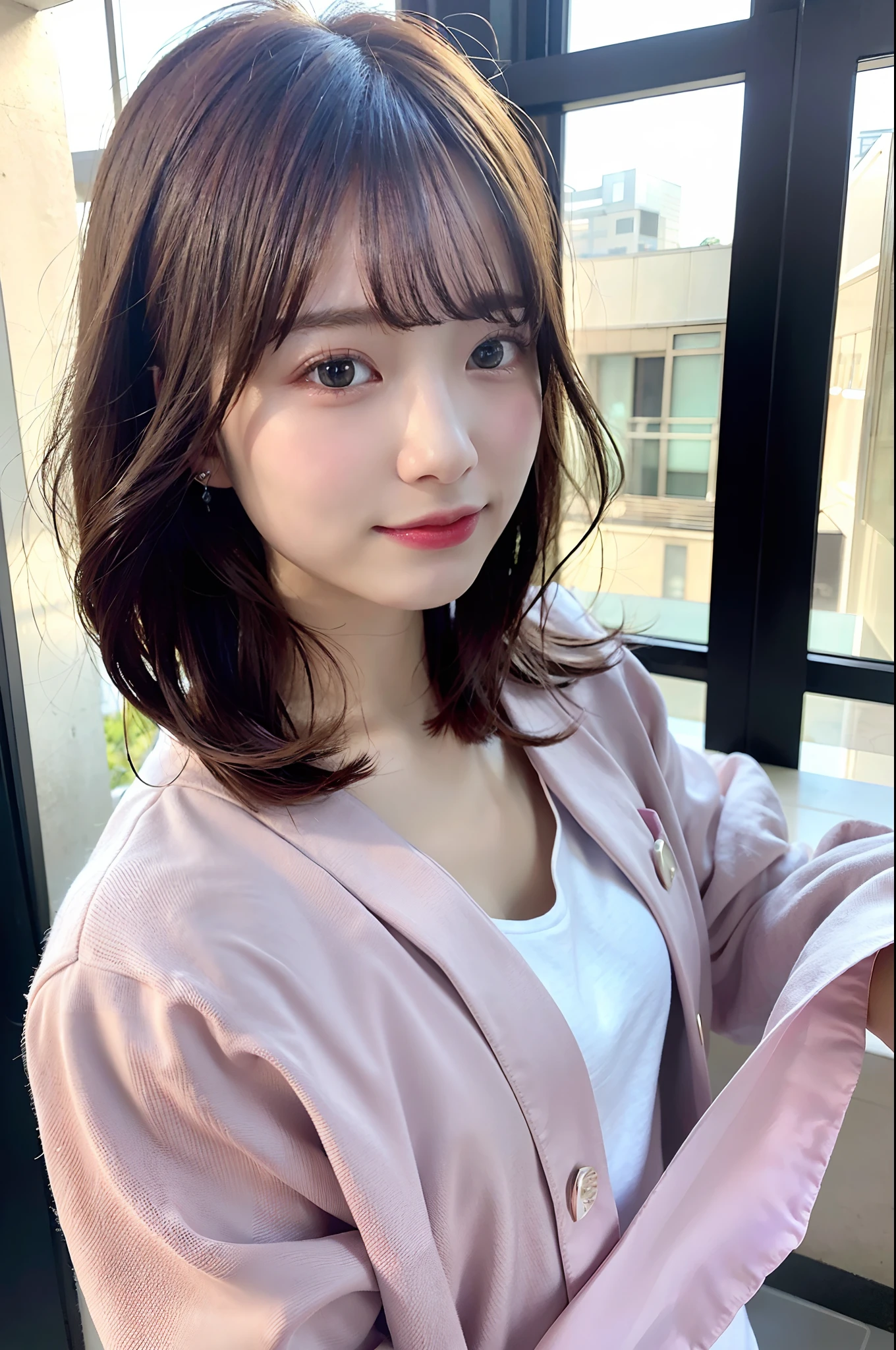 (top-quality、8K、32K、masuter piece、nffsw:1.2)、profile、(slim figure:1.2)、(s lips) 、二重まぶた、shinny skin、Realistic rays、mare、beauitful face、(Light smile:1.3)、(short-hair:1.4)、blurry backround、(Front Focus)、(Dark: 1.6)、Fantasy Art、photoRealstic、Professional Lighting、extra detailed face、Award-winning、deep-shadows、school classrooms、Pink jacket