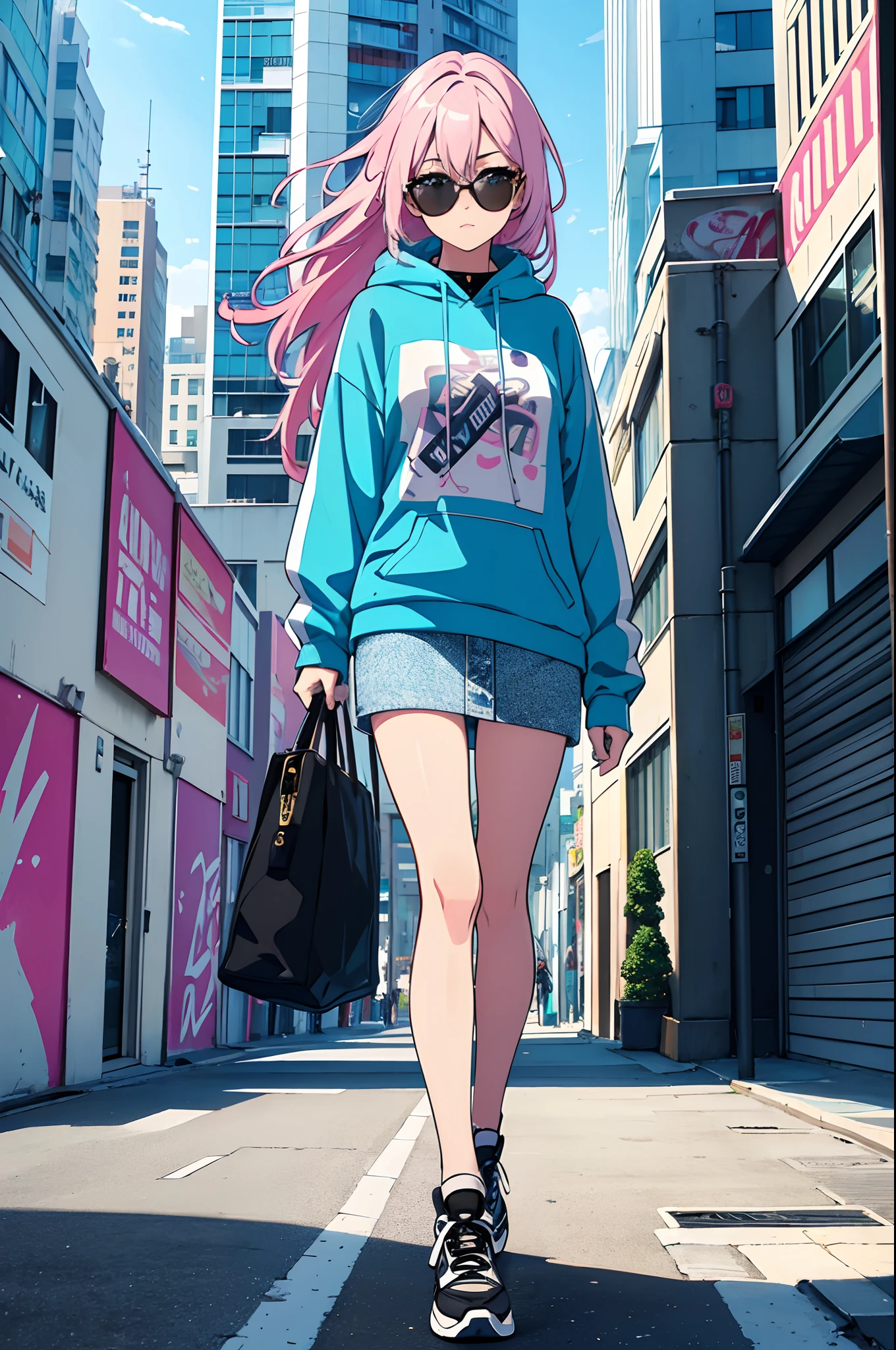 (best quality,4k,highres,masterpiece:1.2),ultra-detailed,(realistic:1.37),1girl,straight hair,fashionable clothing,21st century,strolling in the city,cityscape,modern buildings,flashing lights,urban atmosphere,vibrant colors,contemporary fashion,stylish sunglasses,trendy hairstyle,lively expression,confident stride,mixed media art,portrait painting,street photography,pastel color palette,soft lighting,urban exploration,abstract city background,decorative elements,graffiti walls,crowded streets,fast-paced energy,forward-looking attitude,modern lifestyle,expression of freedom,cultural diversity,progress and change.