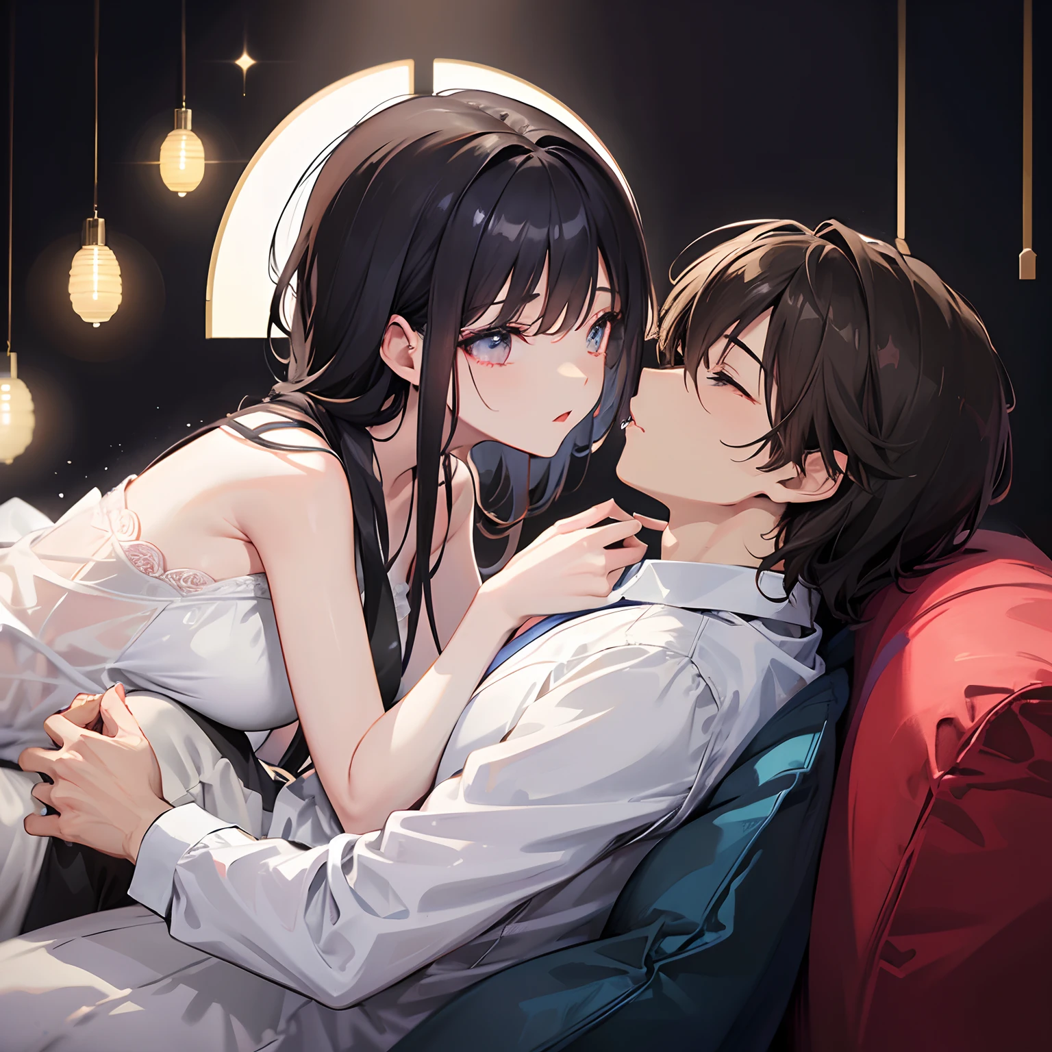 Male and female couples in their 20s、1 male, 1 female、Light clothing for both men and women、Intense kiss、Glossy atmosphere、Flirting、Saliva spills、femele（Brown hair semi-long、closing eye、Sweet sigh）、male people（black hair shorthair、Right hand on a woman's cheek、legs showing、Close your eyes strongly）、Background with（a room、sofa）、Time is midnight、Dark background