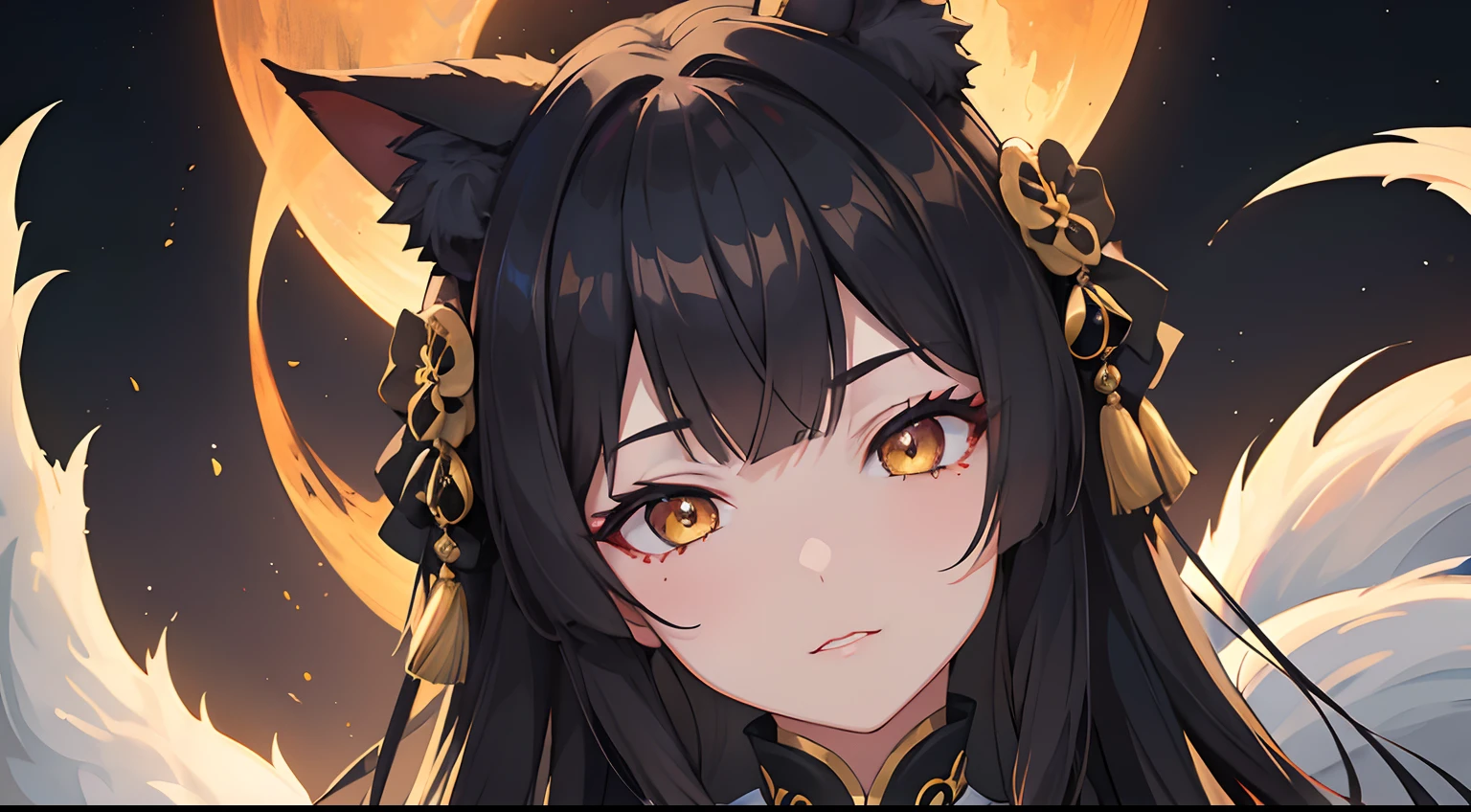 masterpiece, best quality, 1girl, black hair, yellow eyes, kitsune, night tailed fox, night festival, detailed eyes, detailed facial features, high resolution (best quality, 4k, 8k, highres, masterpiece:1.2)