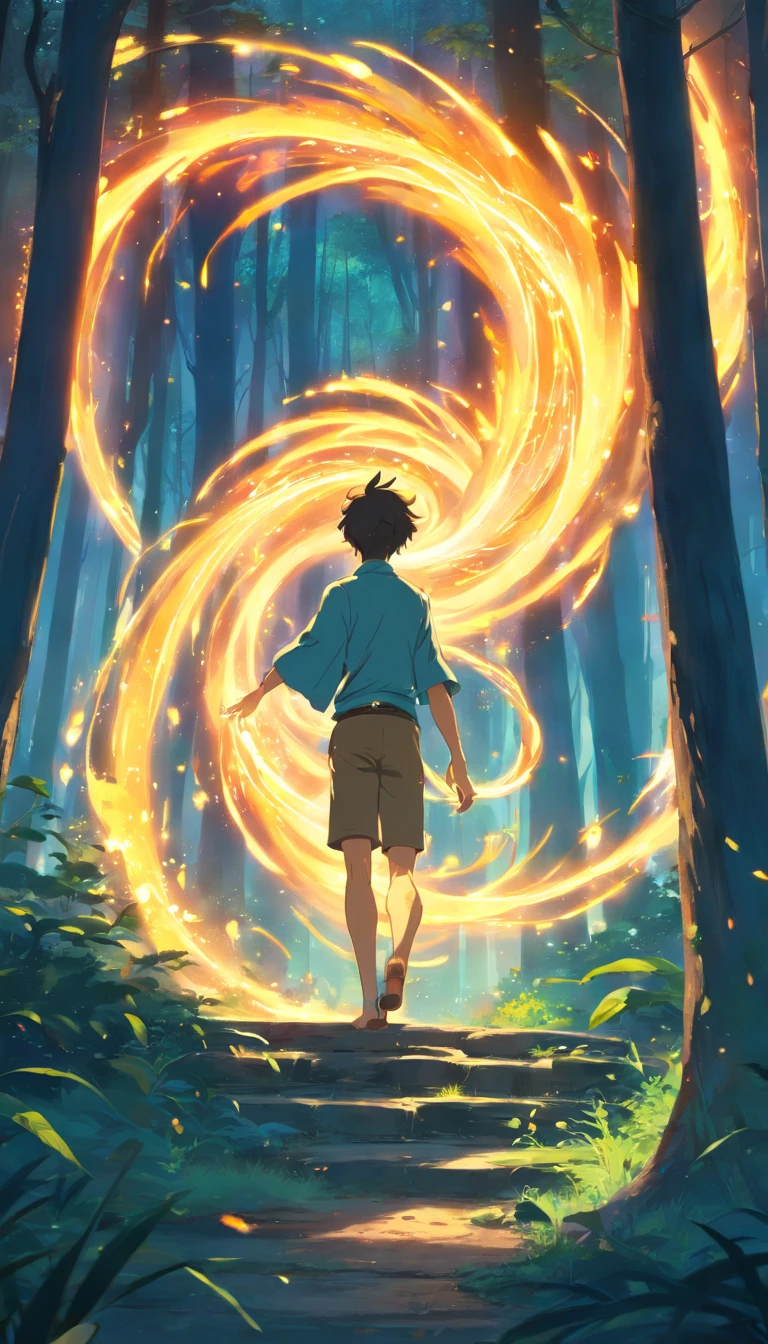 Amidst an ancient and overgrown forest, the essence of magic takes form through a young man, his hair as dark as the shadows and his eyes a radiant golden blaze. A mystical mark graces his neck, shimmering with latent power. Within a clearing, he stands engulfed in a cascading torrent of flames, the fire's heat tempered by an otherworldly energy. As the magical fire spirals and dances, it conjures a swirling dance of luminous particles, each a fragment of his ethereal aura. Arcane symbols materialize in midair, their glow casting an eerie light on his intense focus. The scene exudes a sense of ancient power and hidden knowledge, as if the woods themselves are alive with long-forgotten secrets. The mood is one of serene intensity, where the balance of nature and magic intertwine. The illustration style captures this mystical aura through detailed digital artistry, combining intricate linework with vibrant color palettes. --ar 16:9 --v 5