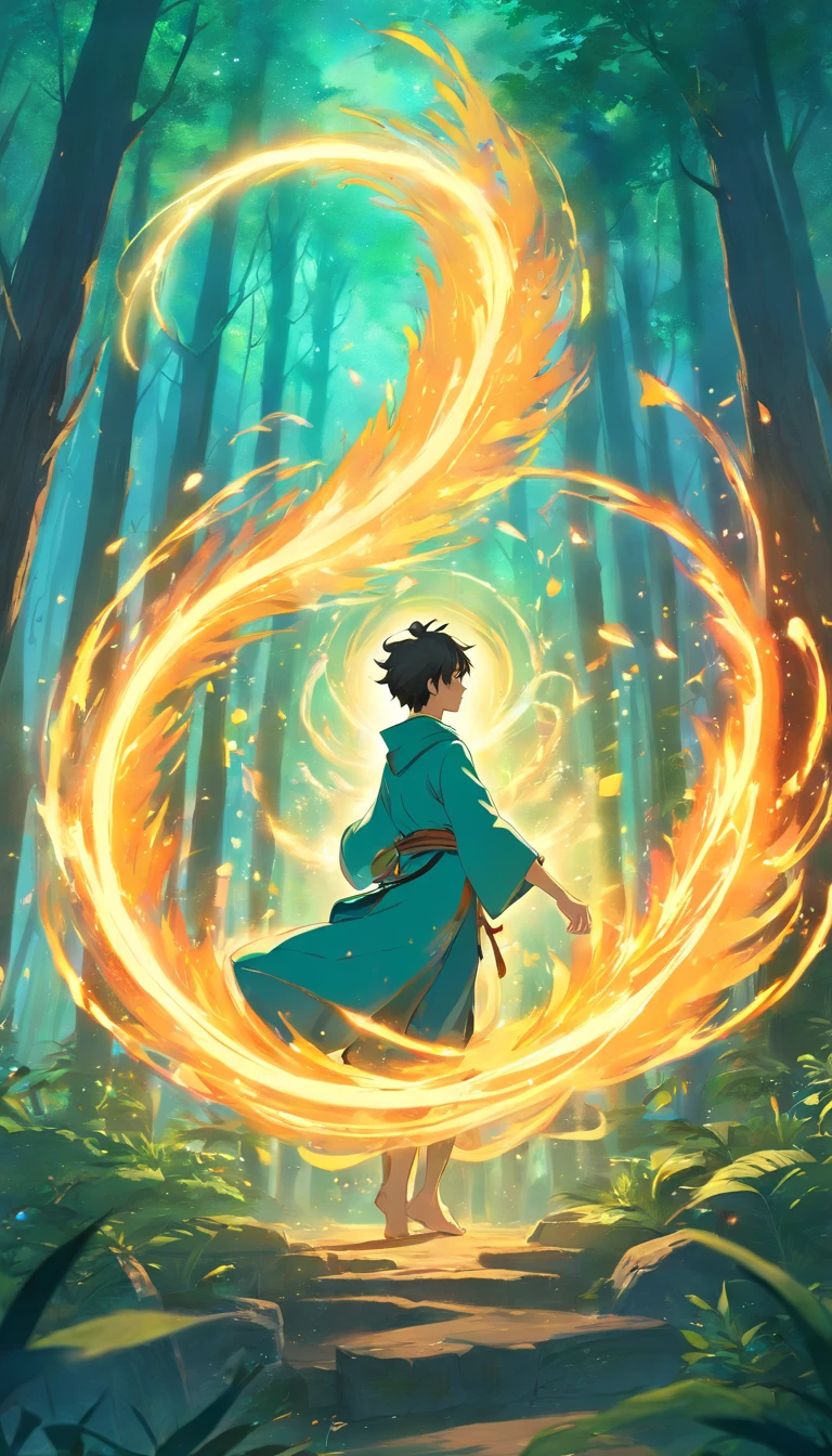 Amidst an ancient and overgrown forest, the essence of magic takes form through a young man, his hair as dark as the shadows and his eyes a radiant golden blaze. A mystical mark graces his neck, shimmering with latent power. Within a clearing, he stands engulfed in a cascading torrent of flames, the fire's heat tempered by an otherworldly energy. As the magical fire spirals and dances, it conjures a swirling dance of luminous particles, each a fragment of his ethereal aura. Arcane symbols materialize in midair, their glow casting an eerie light on his intense focus. The scene exudes a sense of ancient power and hidden knowledge, as if the woods themselves are alive with long-forgotten secrets. The mood is one of serene intensity, where the balance of nature and magic intertwine. The illustration style captures this mystical aura through detailed digital artistry, combining intricate linework with vibrant color palettes. --ar 16:9 --v 5