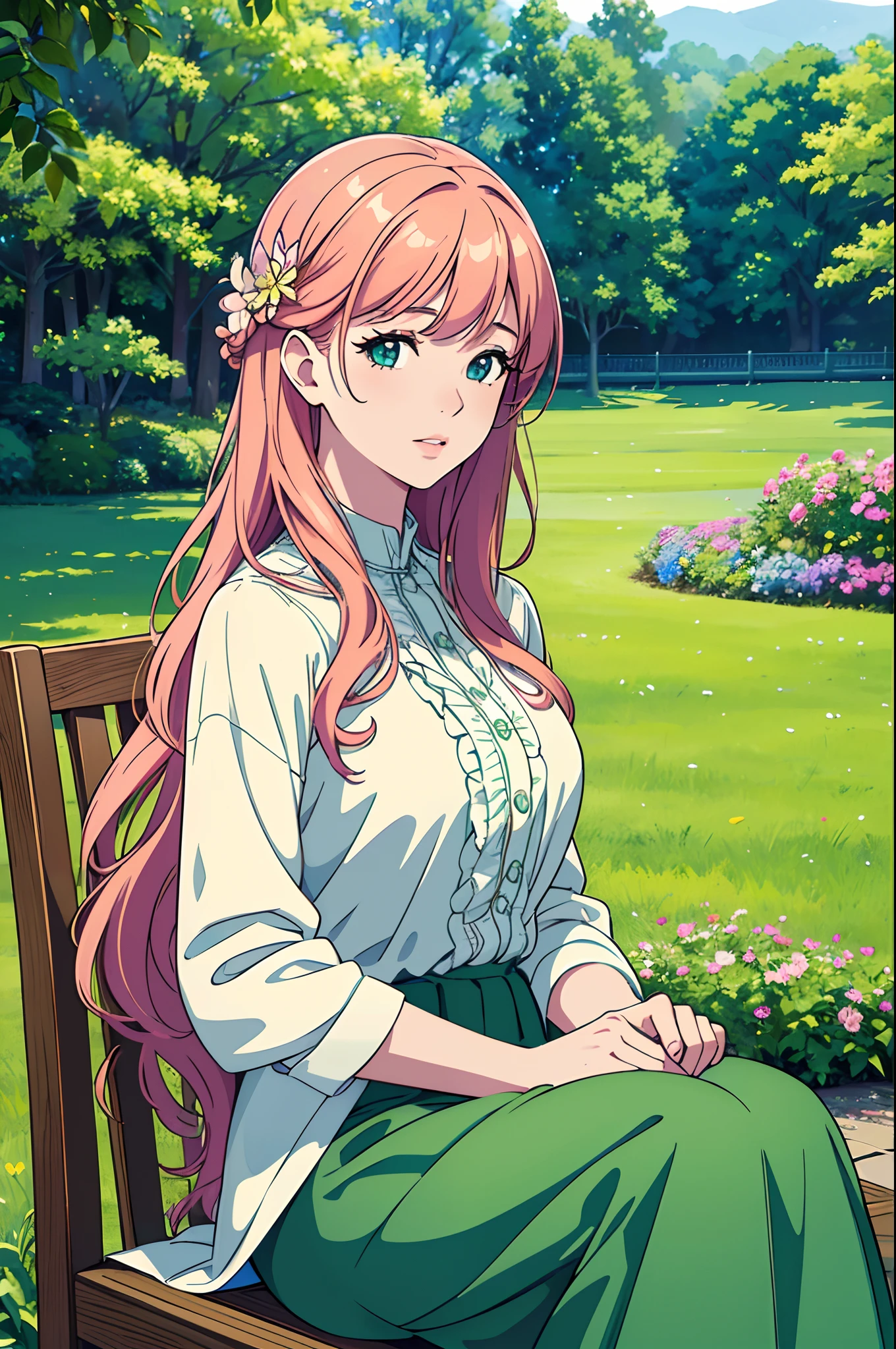 (best quality,4k,8k,highres,masterpiece:1.2),ultra-detailed,(realistic,photorealistic,photo-realistic:1.37),girl sitting on a chair in a garden,illustration,detailed eyes and face,long eyelashes,beautiful detailed lips,flowing curly hair,serene atmosphere,colorful flowers and plants,green grass and trees,butterflies flying around,soft natural lighting,vivid colors,peaceful and tranquil setting