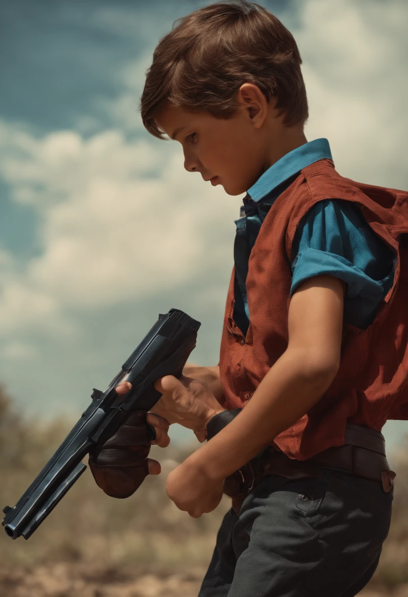A boy is fighting the enemy with a pistol. The boy was wearing a shirt