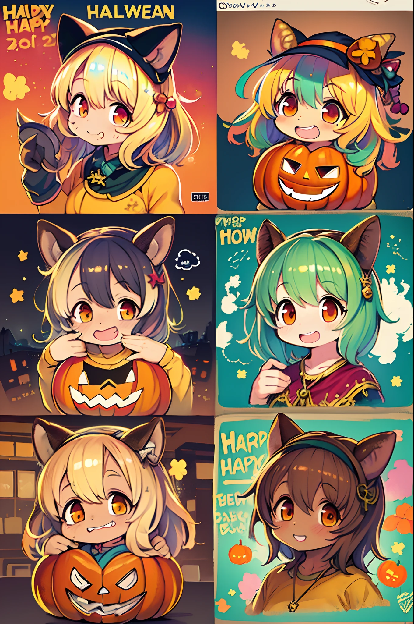 Charming Halloween 12 Year Old Witch Autumn Icon Pack, Random facial expressions, Random coloring, Cartoon style, 2D, planar vector, Character Design, T-shirt design, Colorful splashes, Vector art, Fantasy Art, Watercolor effect,Digital Painting, white bg, 8K