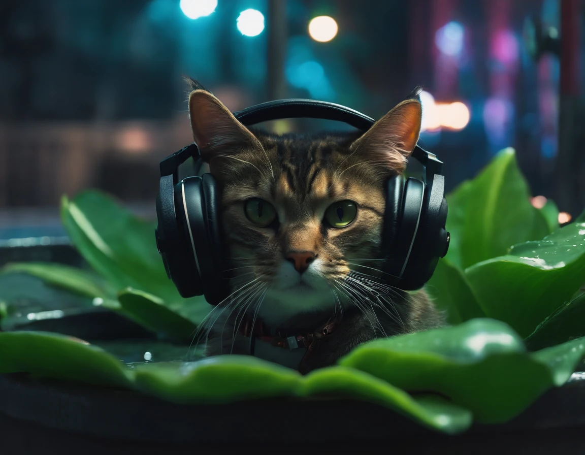 A cat with headphones and a jacket is sitting on a large lily leaf in a fountain. Cyberpunk and post-Soviet modernism style themed. closeup view, neon lights., Pop art, Pixar, three sided view, UHD, anatomically correct, textured skin, super detail, high quality, 4K