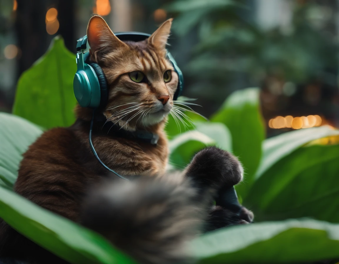 A cat with headphones and a jacket is sitting on a large lily leaf in a fountain. Cyberpunk and post-Soviet modernism style themed. closeup view, neon lights., Pop art, Pixar, three sided view, UHD, anatomically correct, textured skin, super detail, high quality, 4K
