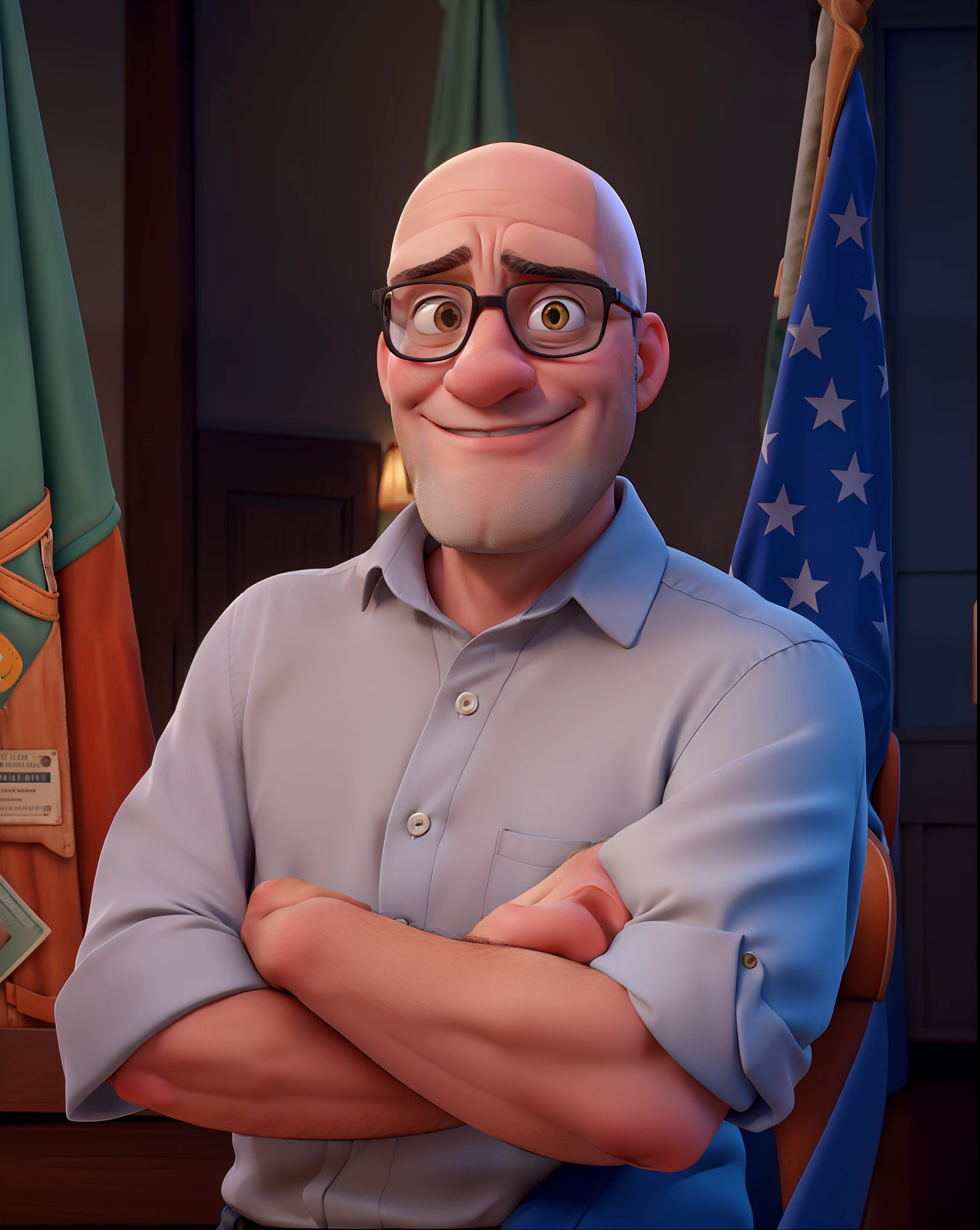 A bald man in Disney model glasses pull high resolution