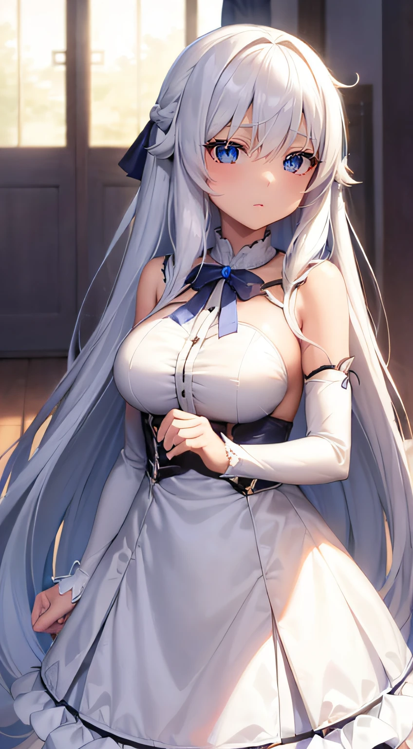 Anime girl with long white hair and blue eyes in the room, visual novel cg, ; visual novel, visual novel, anime moe art style, senko-san, Smooth Anime CG Art, Tsuaii, Seductive Anime Girl, with huge luminous sad eyes, white-hair pretty face, tsurime eyes, white haired god, my dress up darling anime, soft anime illustration