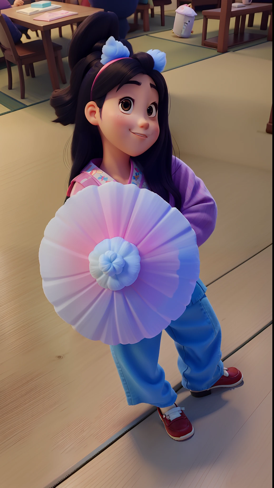 A Japanese girl holding a disney pixar style cotton candy, alta qualidade, melhor qualidade