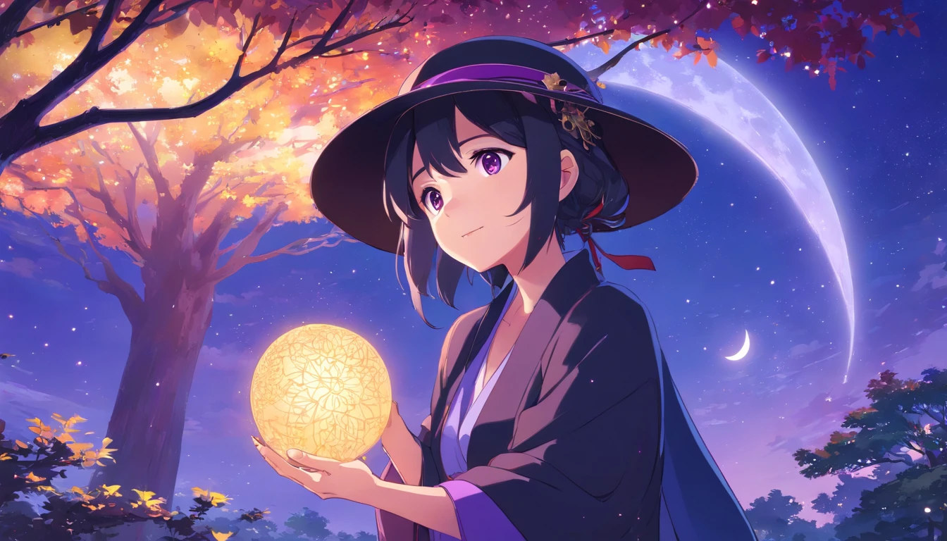 New Kaijo Anime Style,Moonlight,Purple background,Stars,large tree, Dreamy foreground, Vibrant colors, Detailed leaves, Glossy bark, moon shining, Ethereal Atmosphere, Soft lighting, magical feeling vibes, Mystical Shadow, Capricious branches, Mesmerizing views, Anime-style characters, Eyes are purple, Flowing hair is white, Dynamic Poses, dramatic perspective, joyful look, Intricate details, vivid hues, Seductive composition, Captivating artwork.Dressed as a fortune teller、Wearing a black hat