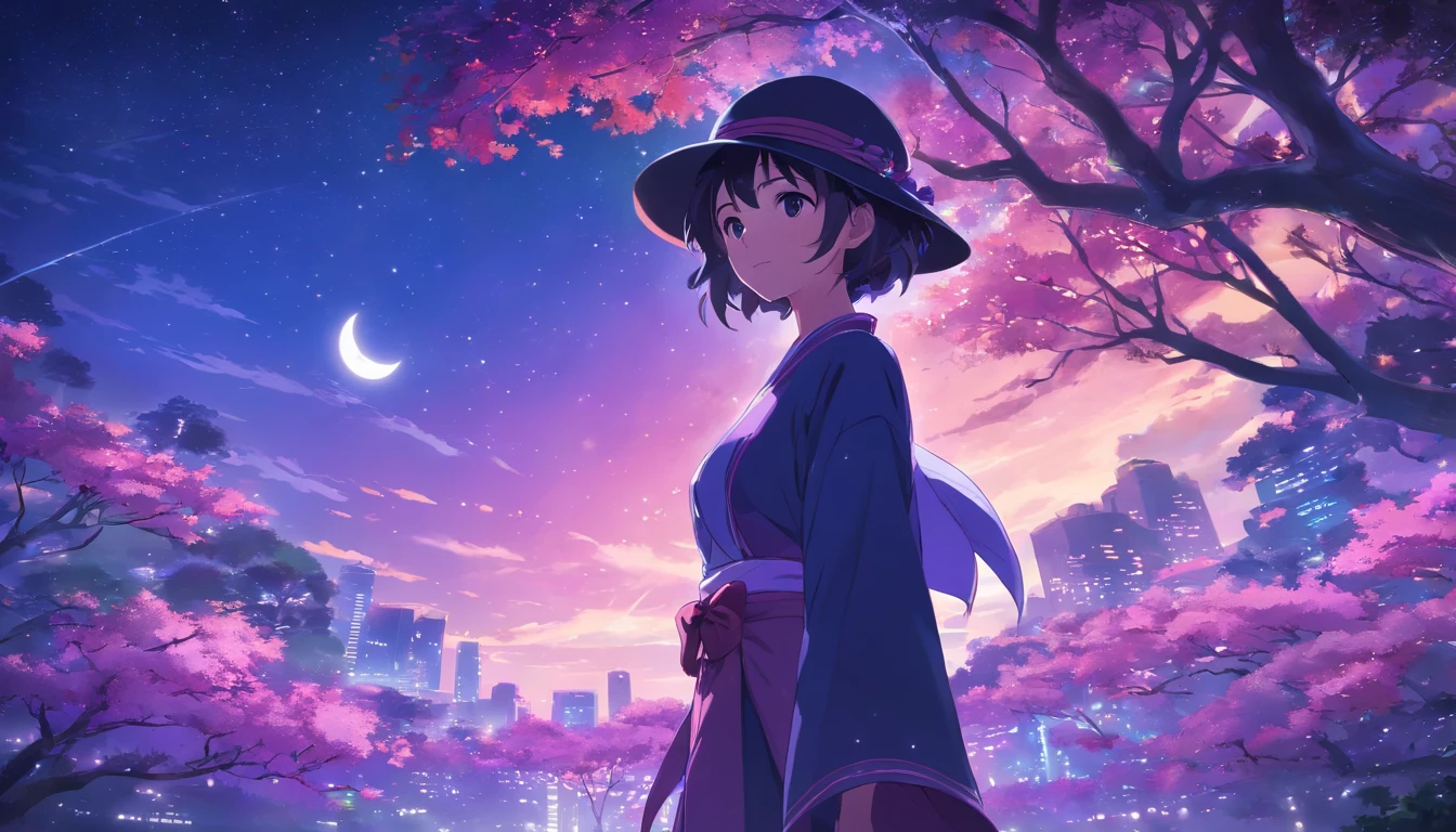 New Kaijo Anime Style,Moonlight,Purple background,Stars,large tree, Dreamy foreground, Vibrant colors, Detailed leaves, Glossy bark, moon shining, Ethereal Atmosphere, Soft lighting, magical feeling vibes, Mystical Shadow, Capricious branches, Mesmerizing views, Anime-style characters, Eyes are purple, Flowing hair is white, Dynamic Poses, dramatic perspective, joyful look, Intricate details, vivid hues, Seductive composition, Captivating artwork.Dressed as a fortune teller、Wearing a black hat
