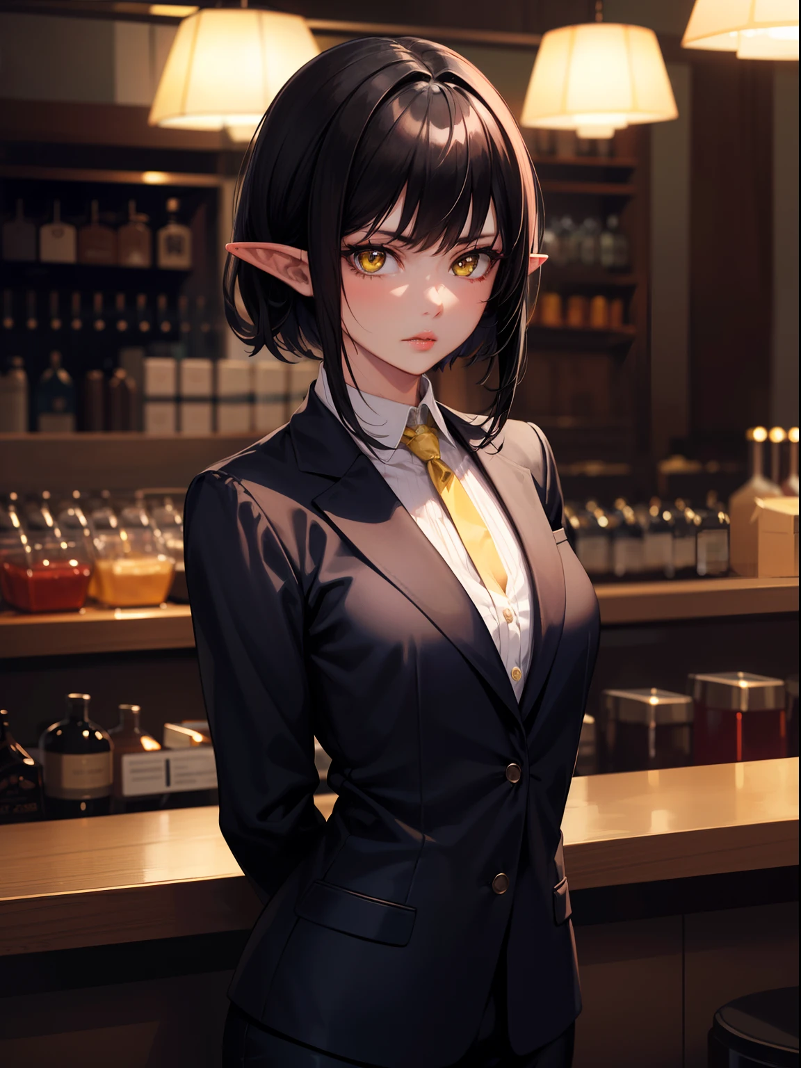 highres, masterpiece, perfect ligthing, bloom, cinematic lighting, adult, perfect skin, female,1girl,solo,black hair,half buzzcut,yellow eyes,pointy ears, black lips, bar,standing,arms behind back,night,suit