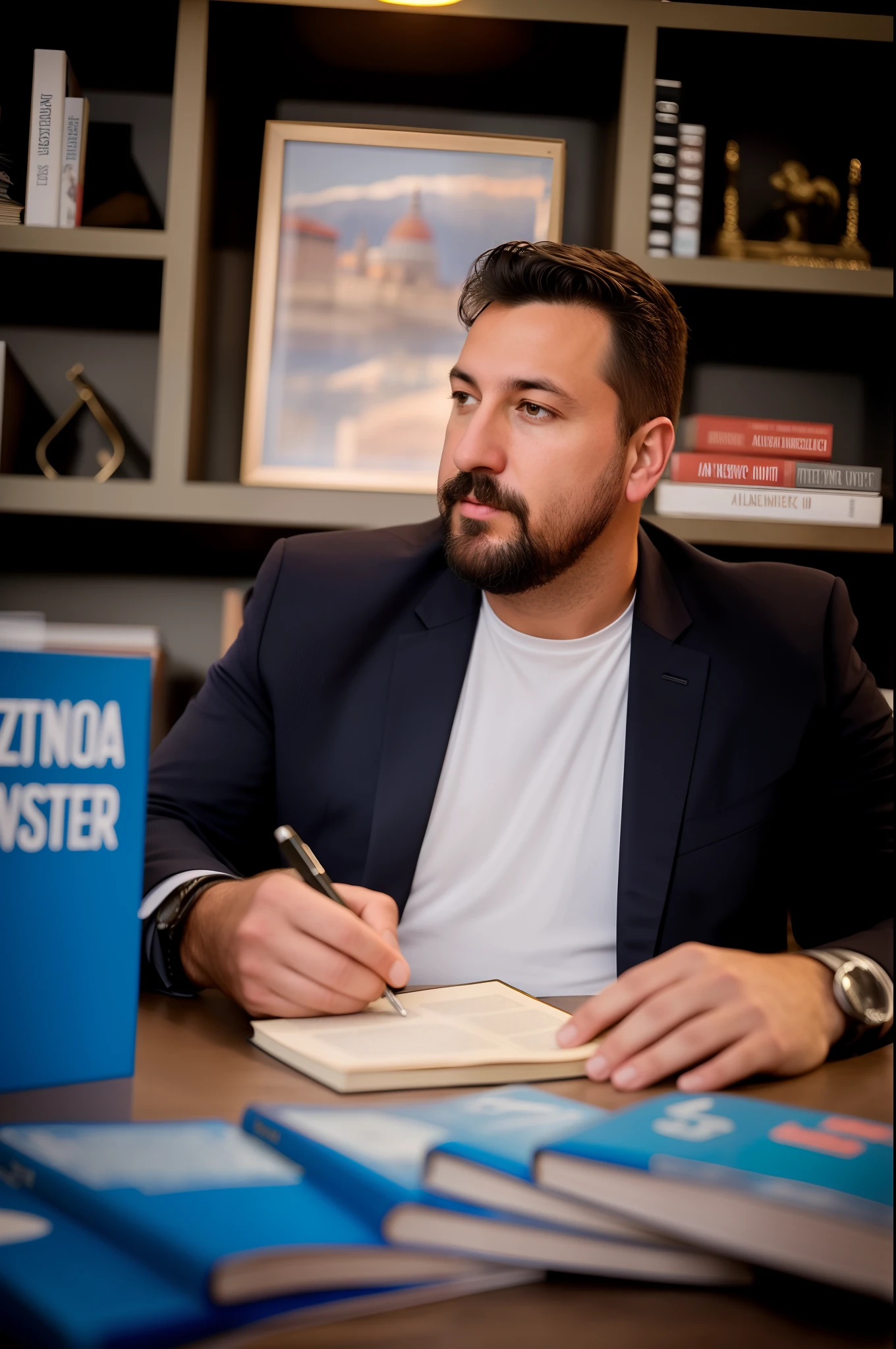 there is a man sitting at a table with a book and a pen, ástor alexander, riccardo federici, inspired by Hristofor Žefarović, Piotr Jablonski, Condutor de Ene, Matteo Salvini, Cristi Balanescu, edin durmisevic, by Germán Londoño