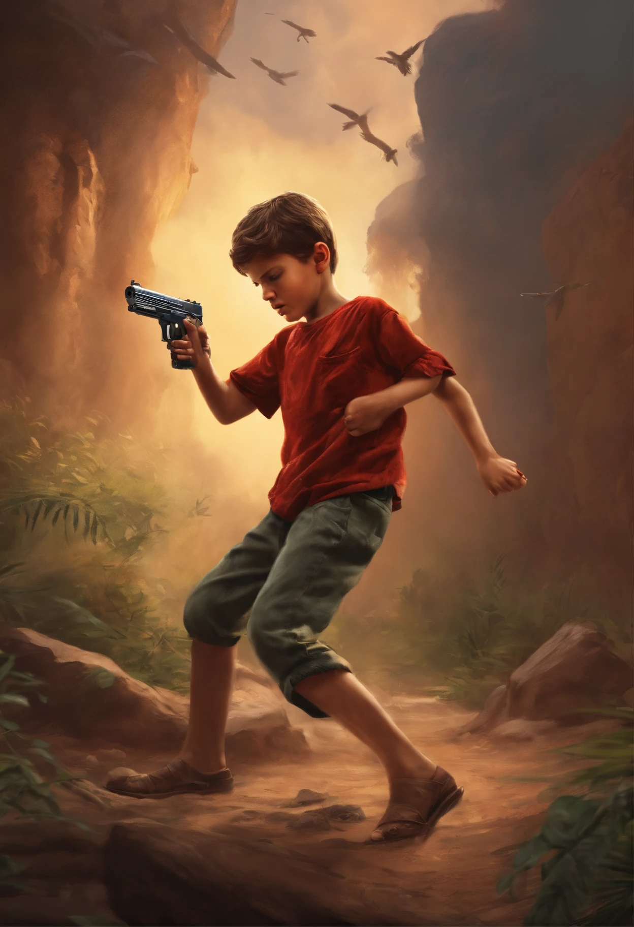 A boy is fighting the enemy with a pistol. The boy was wearing a shirt