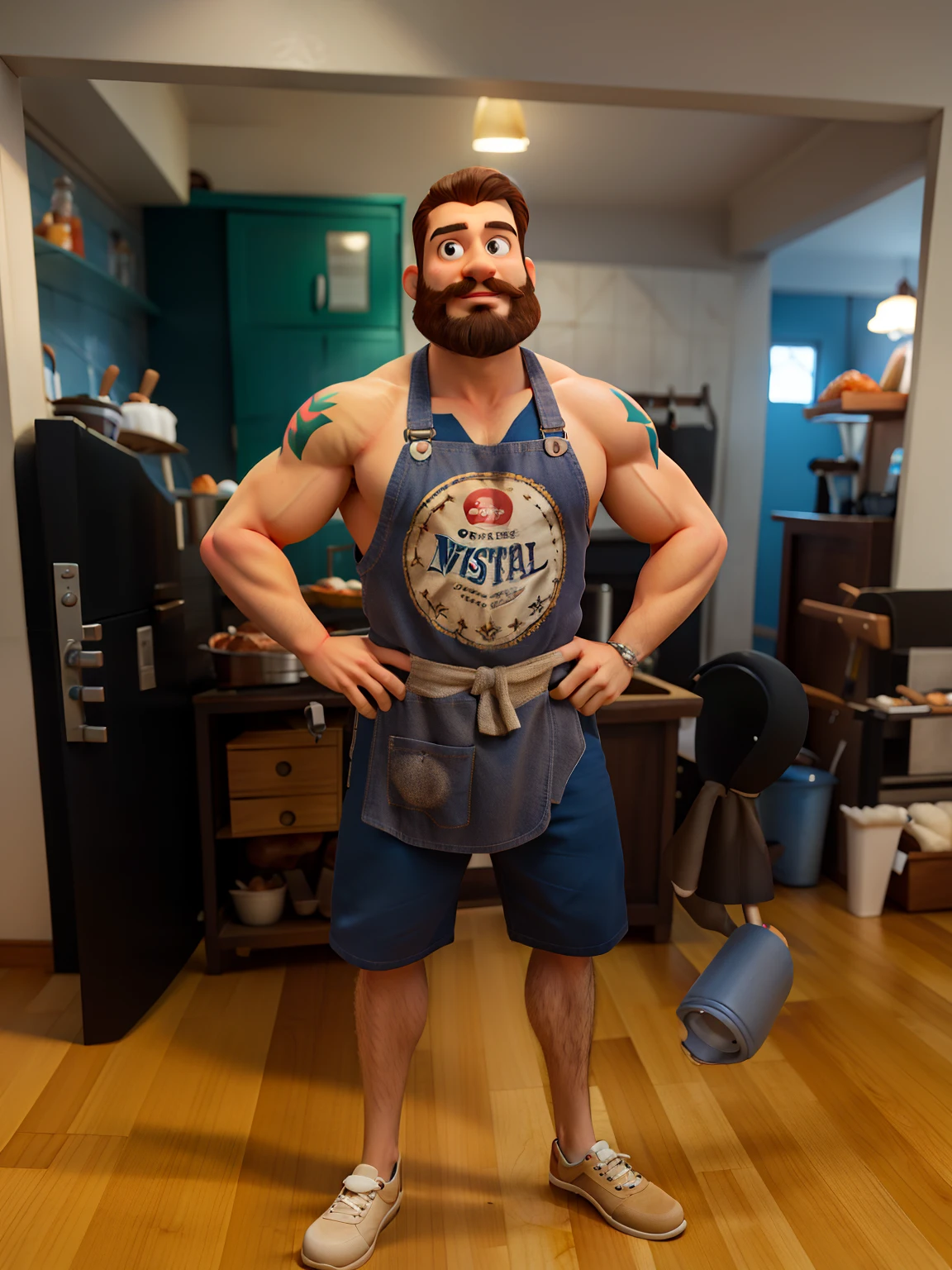 Create a 3D Disney pixar poster with the name “Greg's kitchen” in a Porto Seguro, Bahia setting. I am a chef, with a beard and mustache a little longer than my beard, I have a strong athletic build, brown hair and a classic vintage hairstyle. Lightly tanned white fur. I really like barbecue and meat. I have tattoos on my chest, shoulder and forearms. I'm wearing an apron and happy.