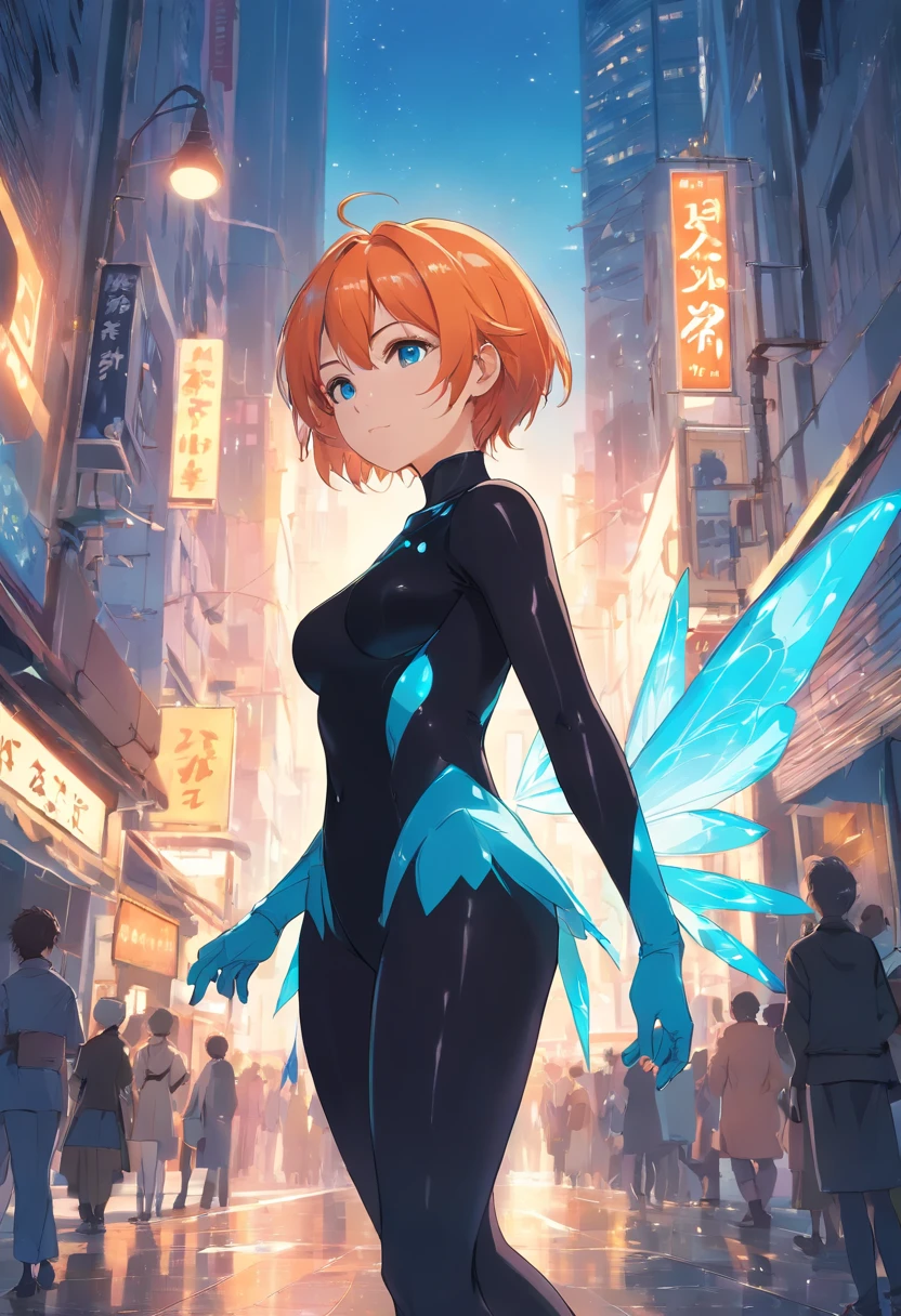 Keep , 年轻, Boy, Black blouse, soio, offcial art, Unity 8k壁纸, ultra-detailliert, Beautiful and aesthetic, master piece, top-quality, shinny skin, Most Beautiful Form of Chaos, elegan, Brutalist in design, bright colour, Romanticism lies, ((AI in fairy tales)), Short hair, Orange hair, light blue eyes、huge tit、Big ass、Black bodysuit