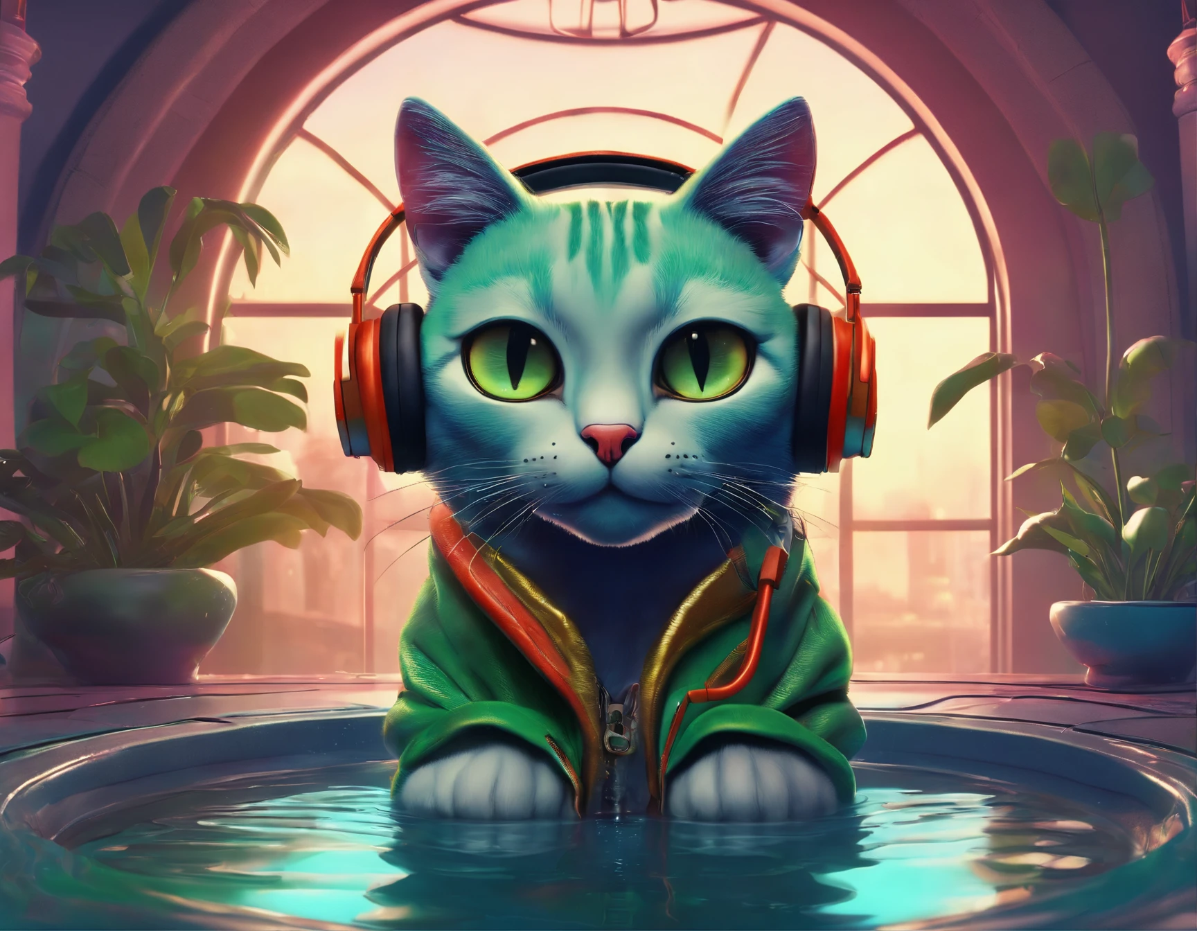 A cat with headphones and a jacket is sitting on a large lily leaf in a fountain. Cyberpunk and post-Soviet modernism style themed. closeup view, neon lights., Pop art, Pixar, three sided view, UHD, anatomically correct, textured skin, super detail, high quality, 4K