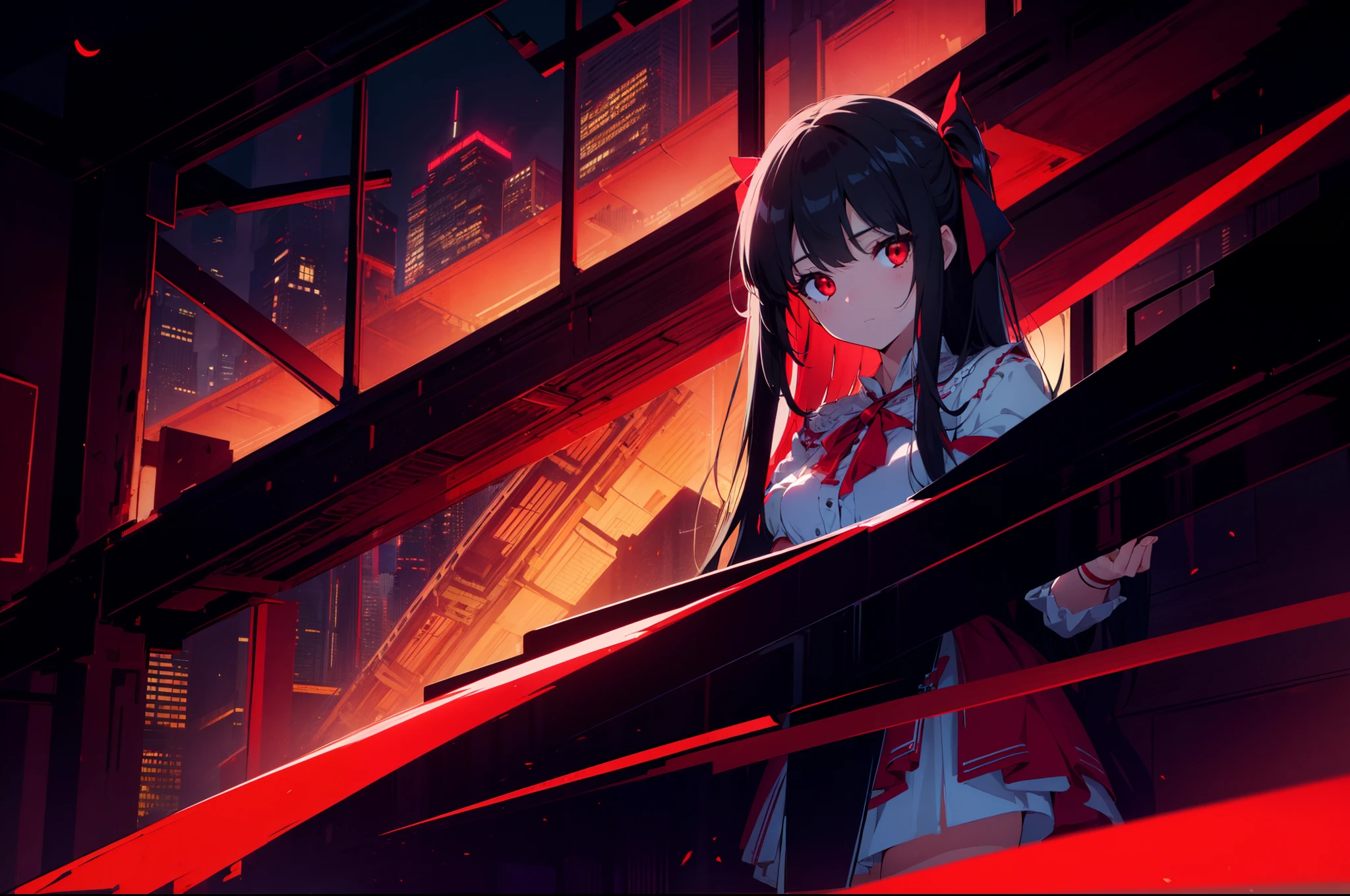 1 loli girl, red lighting ,dutch angle, full body , (from above:0.7),from behind, floating skyscrapers , (rape face) ,black long straight hair, hair ribbon , red eyes, glowing eyes,((masterpiece)), ((best quality)), ((ultra-detailed)), (illustration), ((an extremely delicate and beautiful))