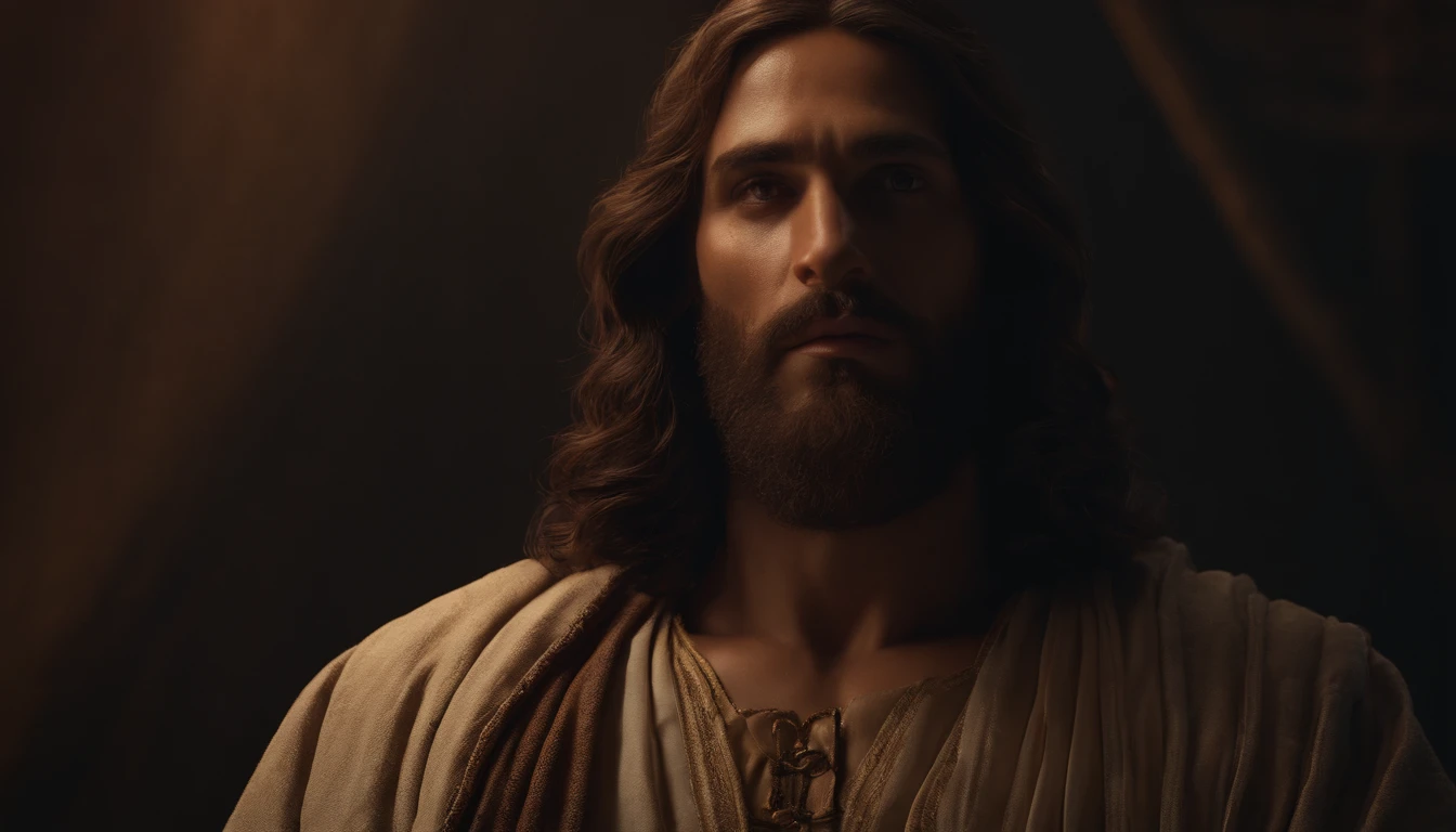 JESUS CRISTO FOTO escura: epic realistic, Soft cinematic portrait, adobe lightroom, photographic lab, altamente detalhado, desbotado, (cores neutras: 1,2), (hdr: 1,4) , (cores suaves:1.2), hiperdetalhado, (artstation:1.4), cinemactic, luzes quentes, dramatic light, (detalhes intrincados:1.1), fundo complexo, (rutkowski:0.66), (azul e laranja:0.4), 8K