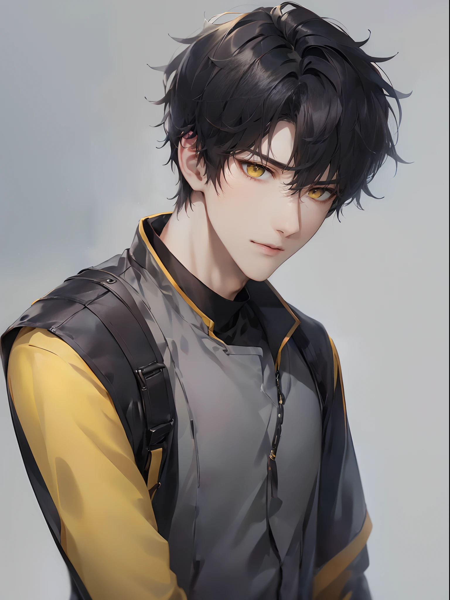 (4K works))、masterpiece、(top-quality)、((Cool gray background))、((ID photo))、Korean Male、Adult male、((Adult 26 years old))、((Adult older brother))、((Face similar to Hyun Jin))、Cool Men、tall、((Troubled expression))、((Strong eyes))、((Black cool model fashion))、((Long sleeve long trouser style))、((smaller face))、Slim body、((hooligan))、((Black short-haired))、((Yellow eyes))、((shot from front))、((Shot alone))、((Solo Photography))、Professional Photos、((Focus zoom in))、((Upper body photography))、((Face enhancement))、model poses、((Solo ID photo))