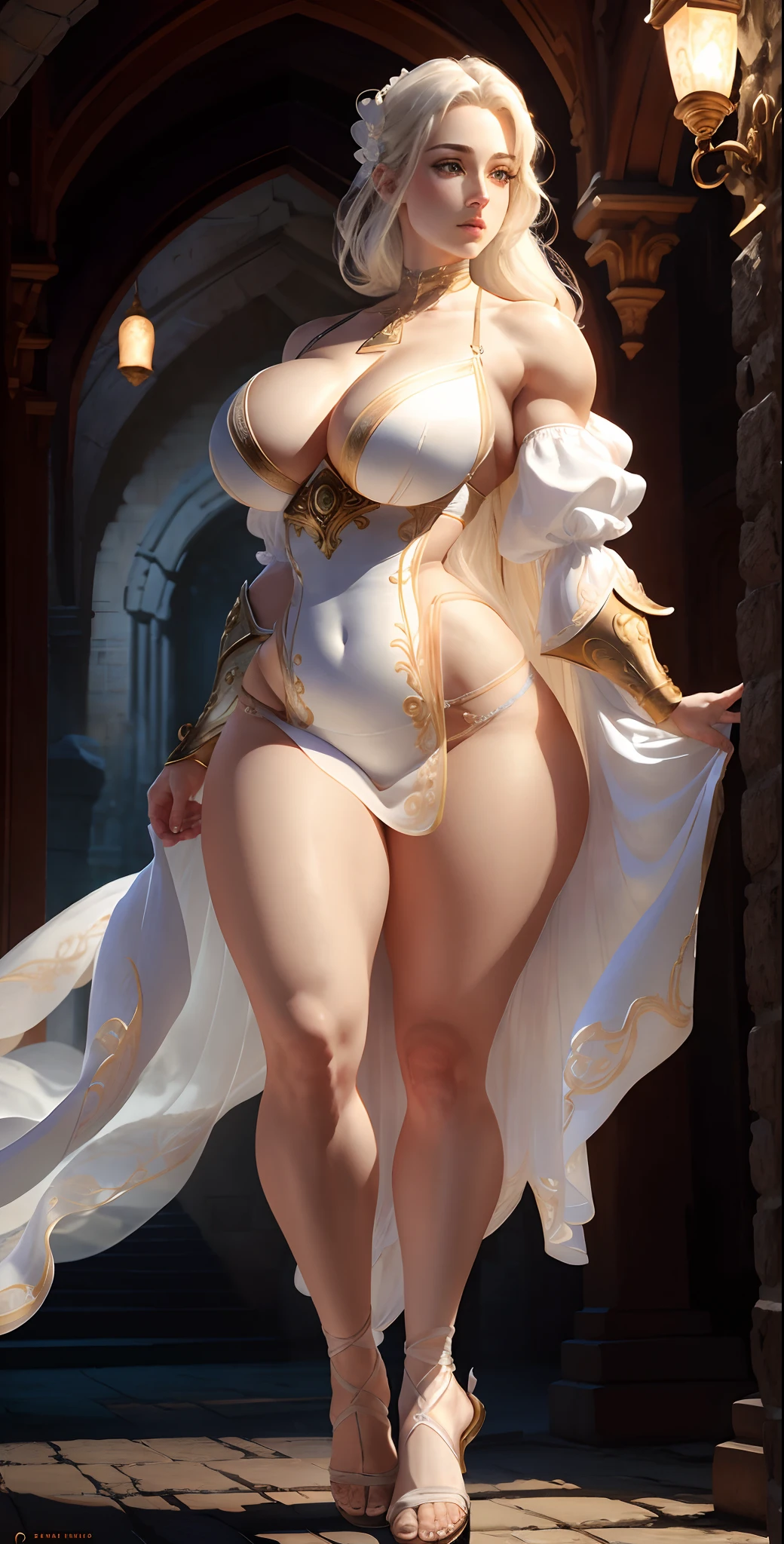 masterpiece, highest quality, (perfect face:1.1) , (high detail:1.1), dramatic, female triplets, breasts, white hair, red eyes, cleavage, long hair, curvy, large breasts, moon, see-through, night, dress, thighs, navel, white dress, laced choker, bare shoulders, wide hips, thick thighs, lips, covered, laced robe, pelvic curtain, laced pelvic curtain, toned pelvis, toned hips, milky hips, navel piercings, body piercings, huge breasts, muscles, big biceps, thigh muscles, bruised knees, white Heels, white sandals, body piercings, Chun Li thighs, string panties, castle, detailed background, art by artgerm and greg rutkowski, cinematic lighting