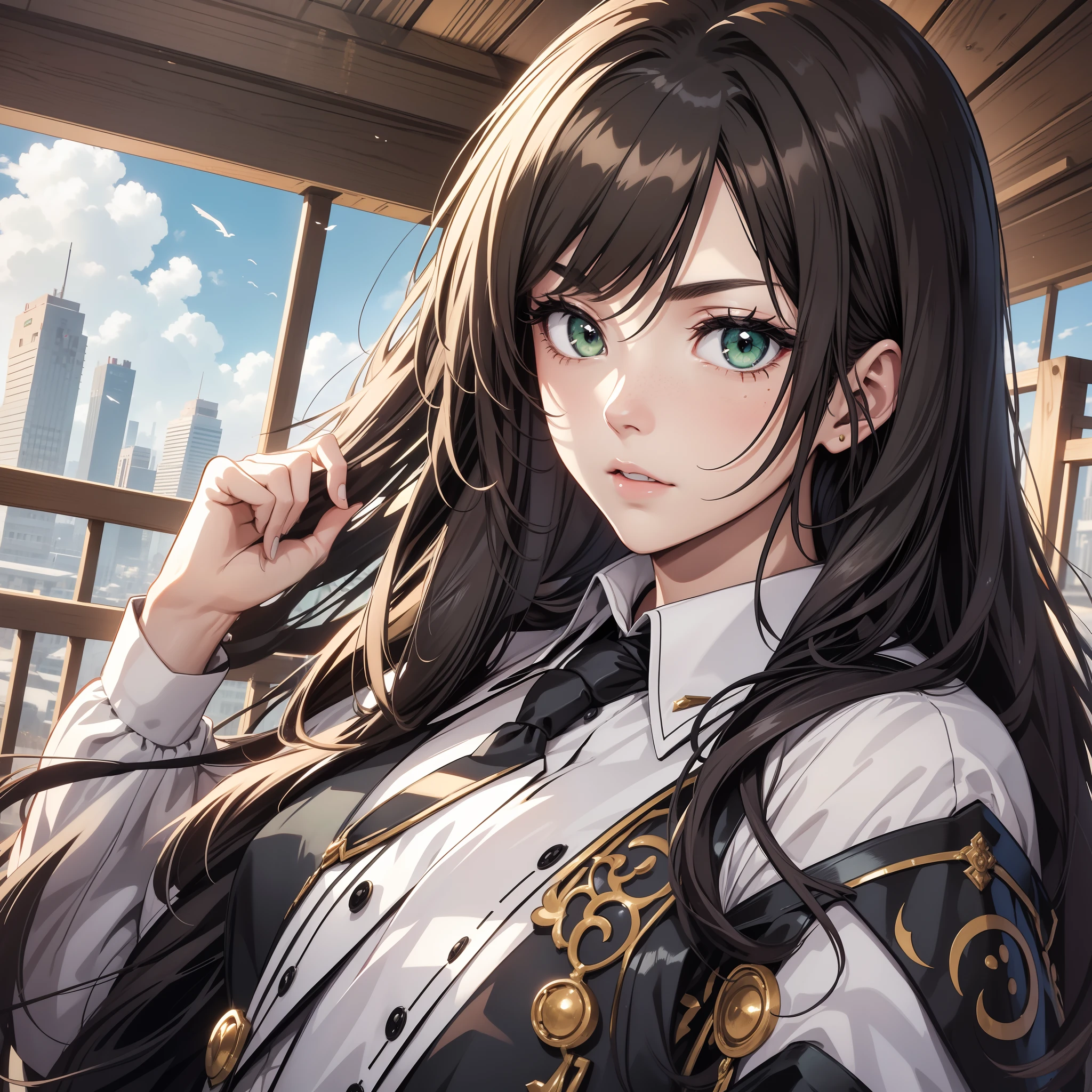 (Best Quality, masutepiece, Ultra-detailed, Extremely detailed, hight resolution), 18 year old anime girl, Long crow hair, Slightly wavy hair, Parted bangs, mages, Green eyes, long black coat, White shirt, Black skirt, neck tie, nobles, Noble attire, Beautiful, Ethereal, Elegant, top-notch, Classic, Royal Building, Royal atmosphere Freckles